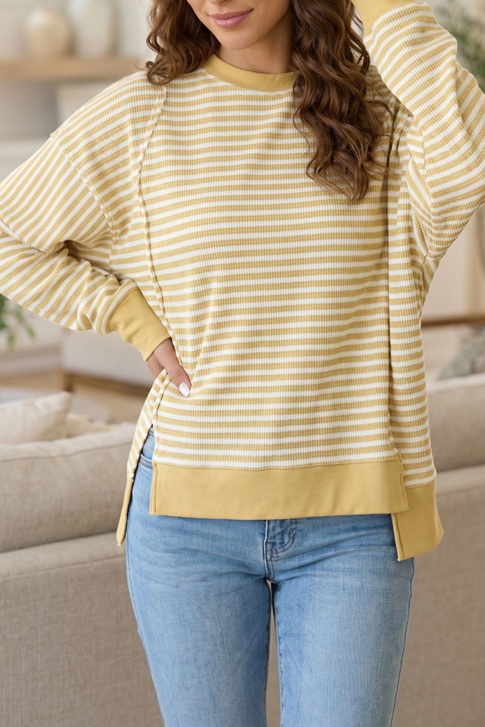 SYNZ Women’s Striped & Textured Knit Split Hem Long Sleeve Top, S to XL