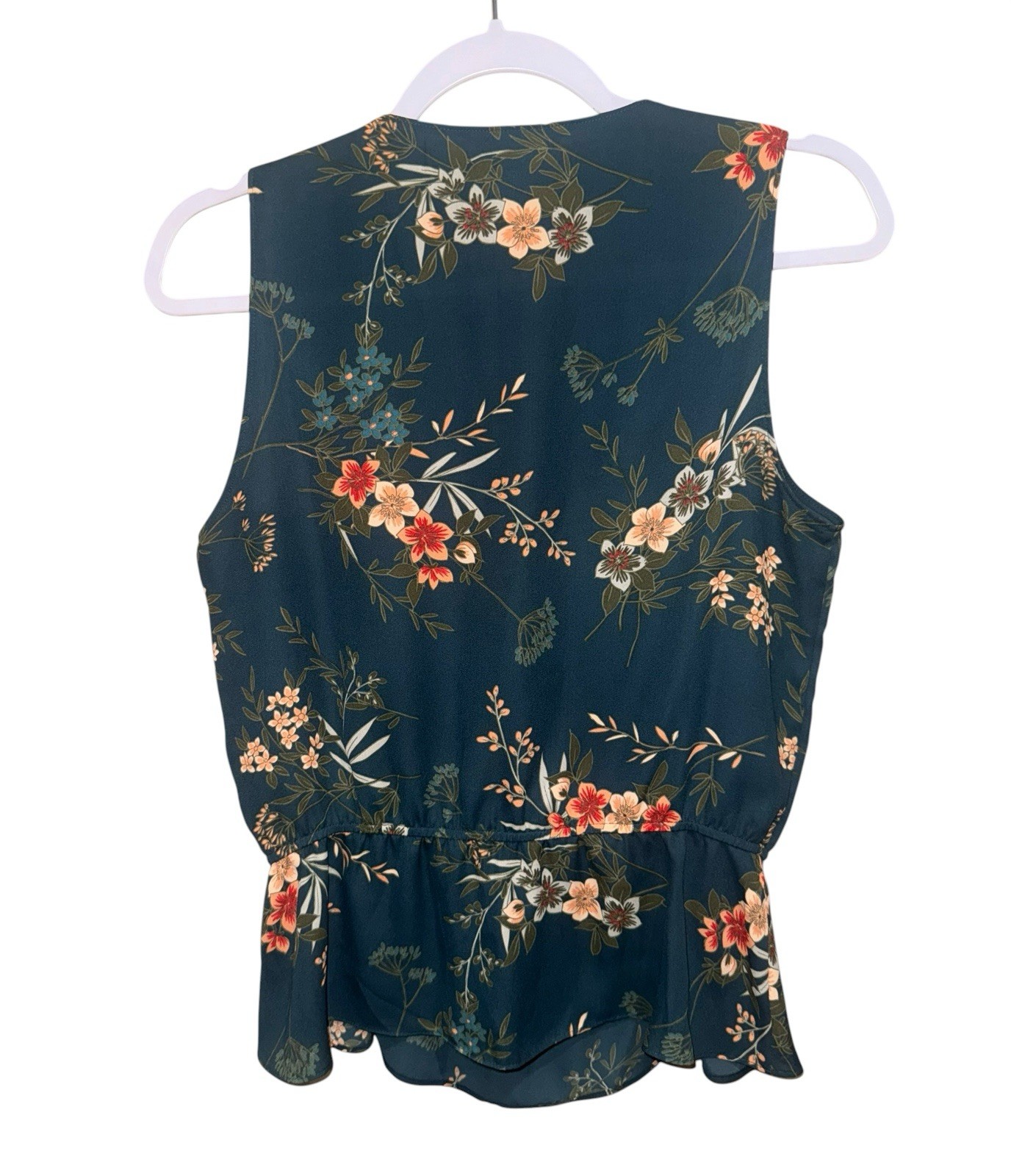 Banana Republic Sleeveless Floral Peplum Blouse Dark Teal Wrap Front Size Small
