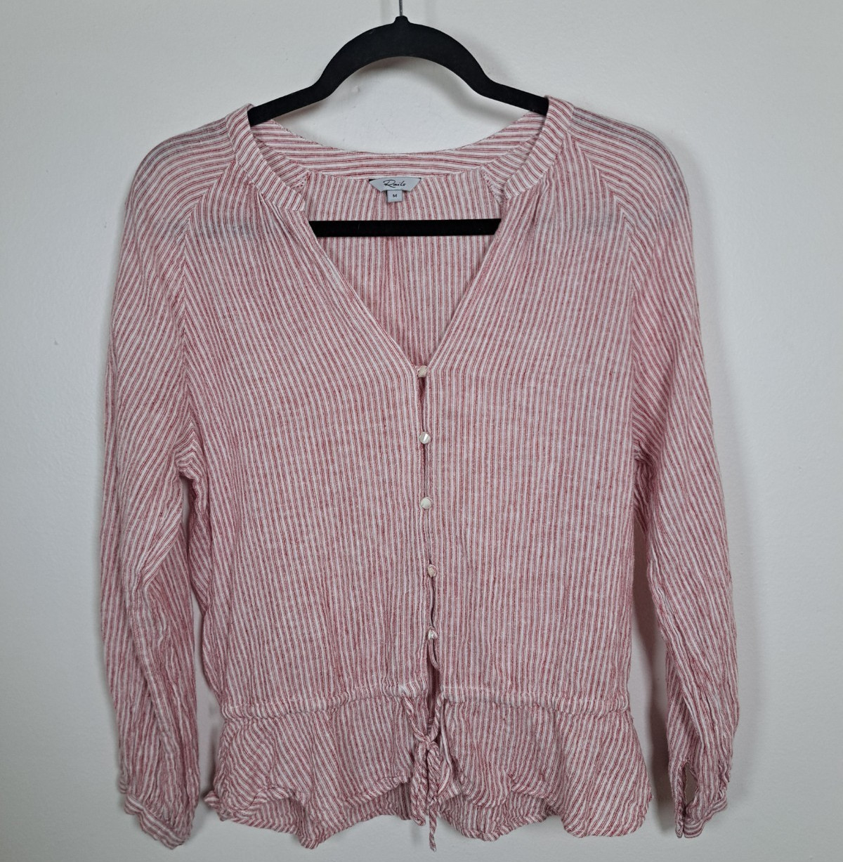 Rails Blouse Shirt! Medium Red White Striped Drawstring Linen Marti Scarlet