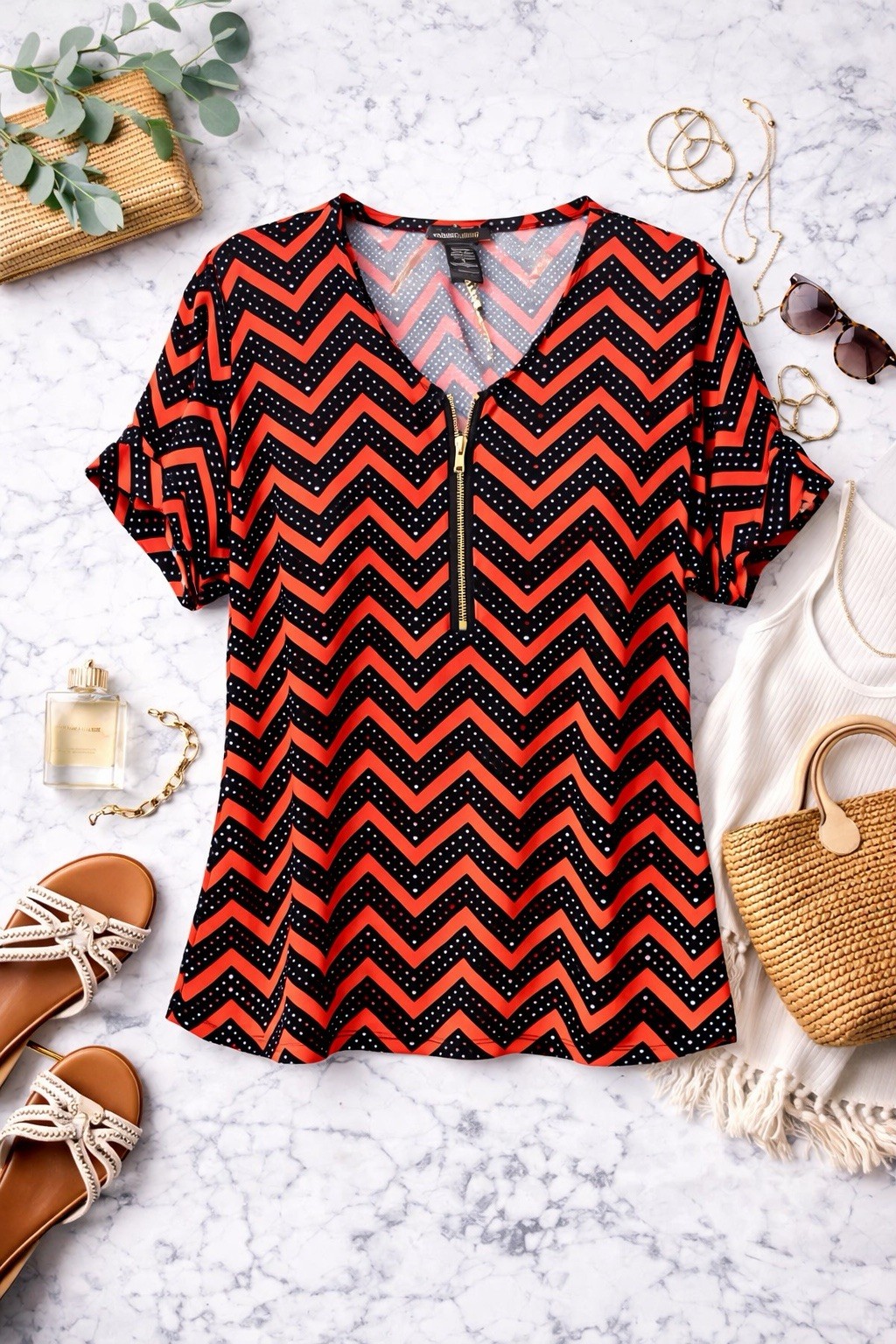 Robert Louis Blouse M Red Black Polka Dot Chevron Geometric 1/4 Zip Top Women