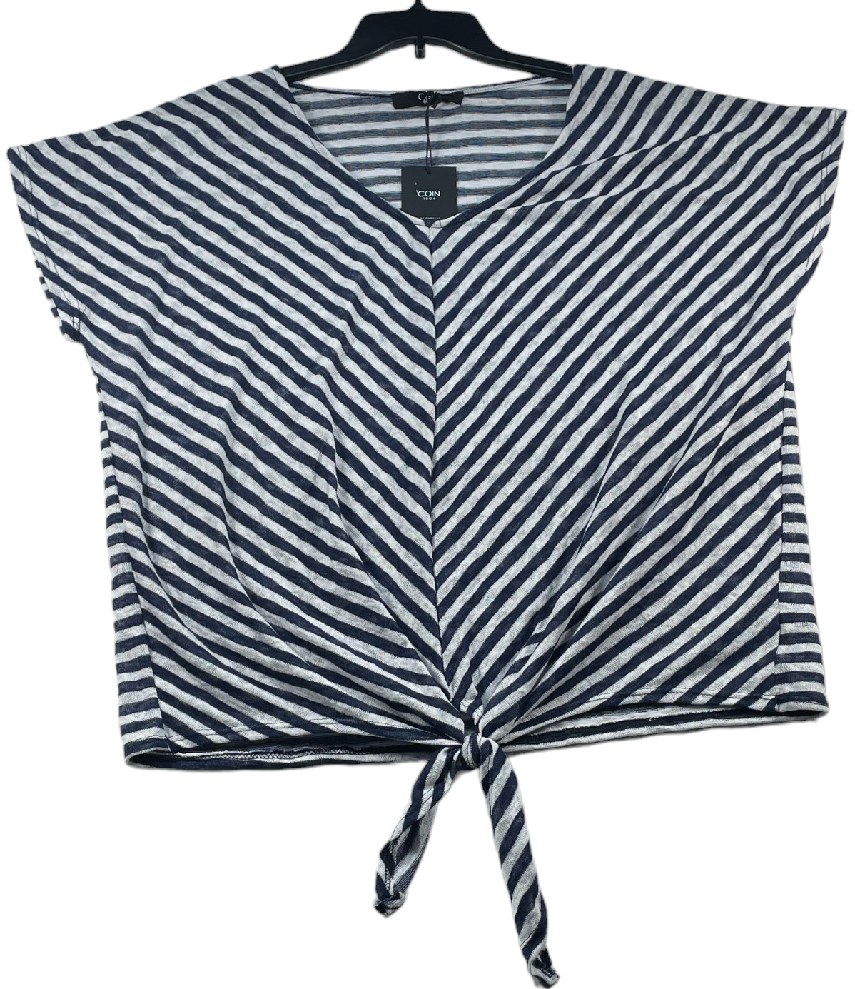 Coin 1804 Blouse Womens Plus size 3X Blue White Striped Vneck Knot Detail New
