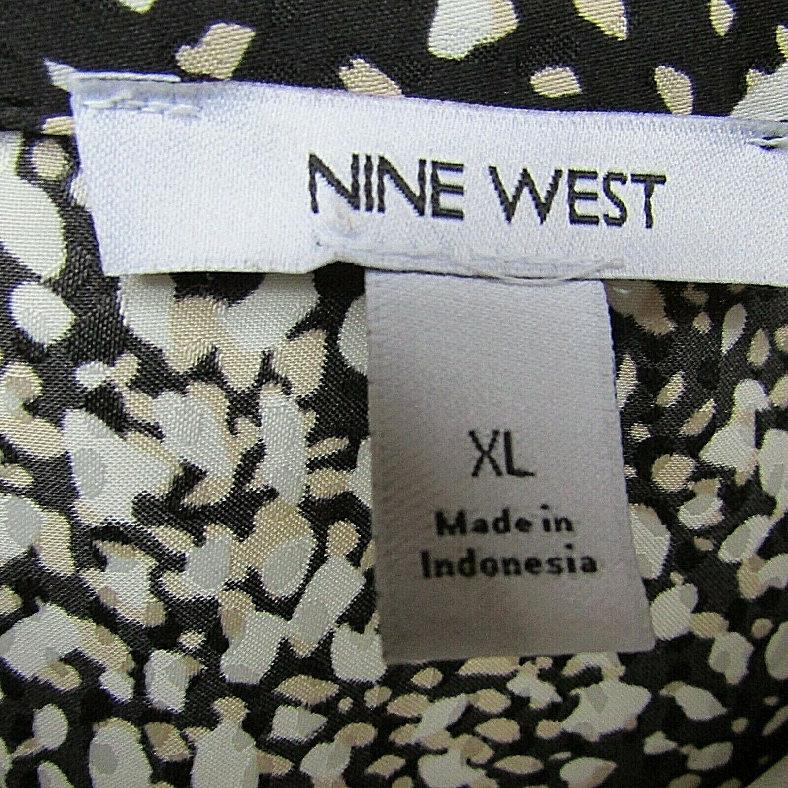 Nine West Silky Button/Tie Front black taupe animal print button Blouse XL-nwot