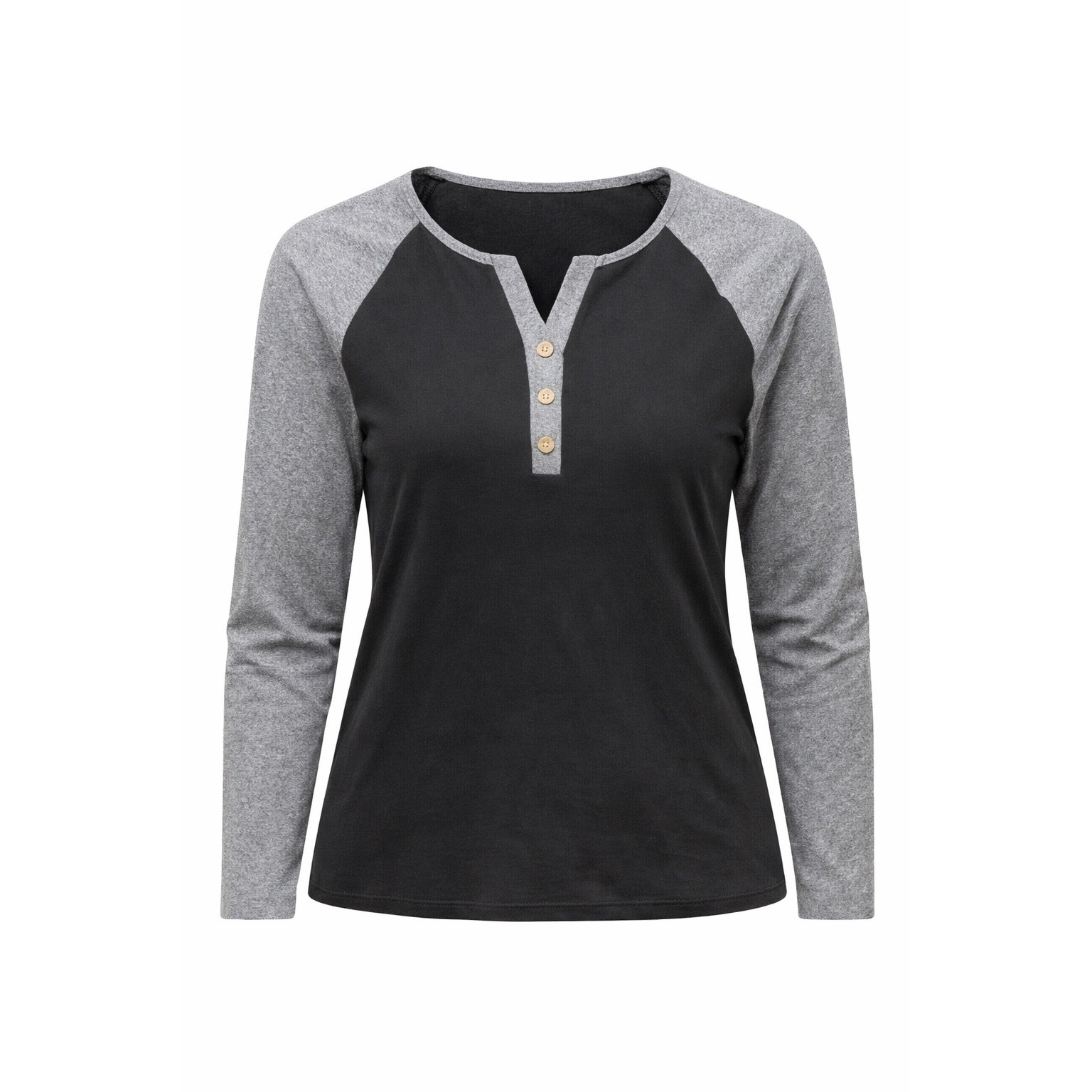 Raglan Henley Long Sleeve Top Black Heather Grey Colorblock 2XLbaseball sporty