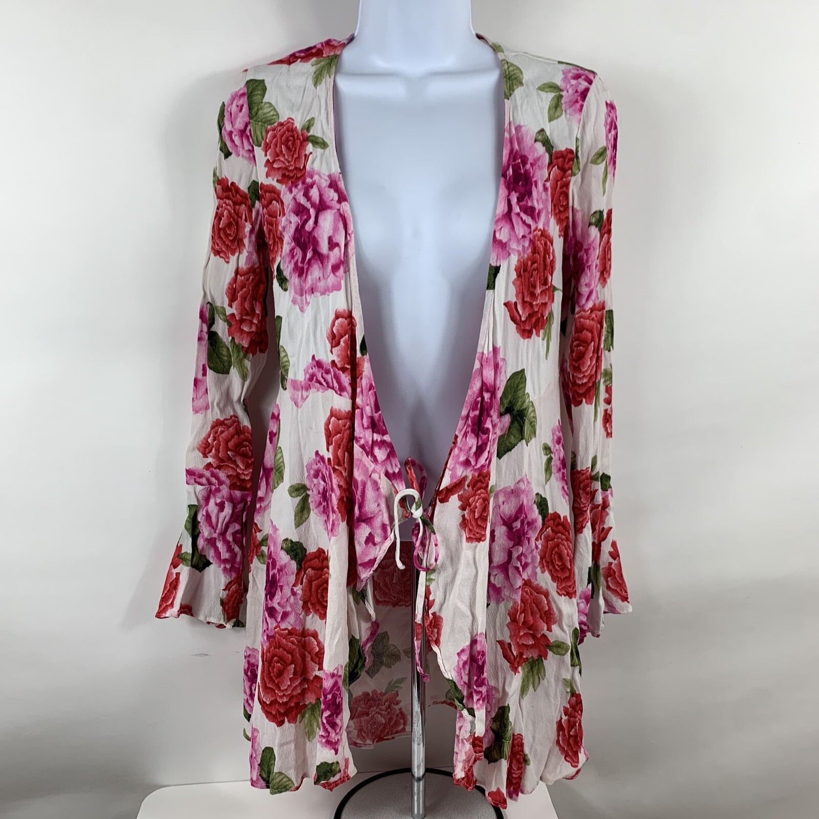 Forever 21 Cardigan Small Long Sleeve Roses Floral 100% Rayon Lightweight Cover