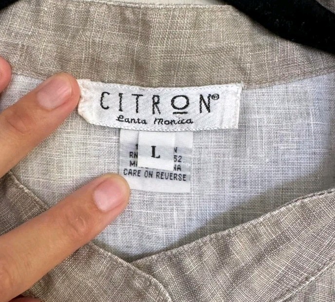 Citron Santa Monica Jacket Blouse Top Shirt Linen Pockets Khaki Taupe Sz L
