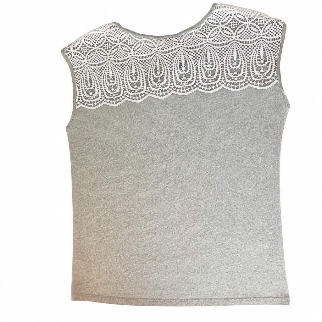 Ann Taylor LOFT Vintage Soft Gray Sleeveless Top White Lace Yoke XS