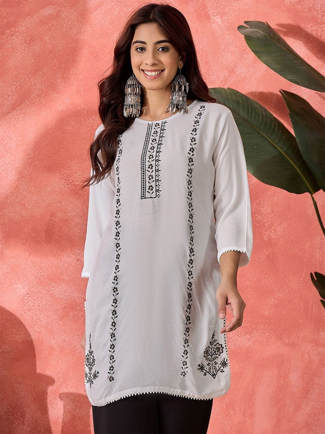 Black Floral Embroidered Kurti Women Ethnic Long Tunic Casual Party Top