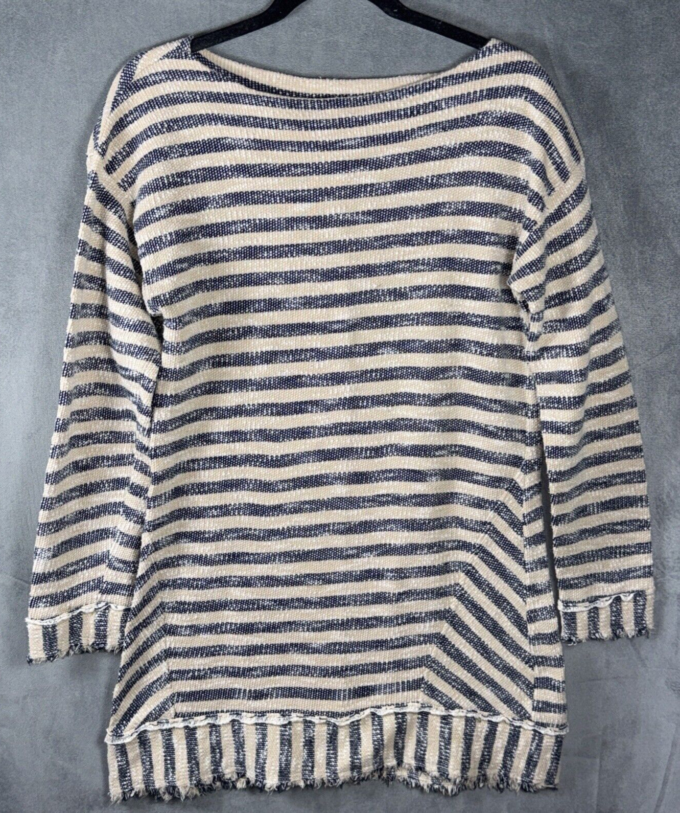 Soft Surroundings Women’s Cotton Tunic Tan & Blue Striped Raw Edges Sz Small