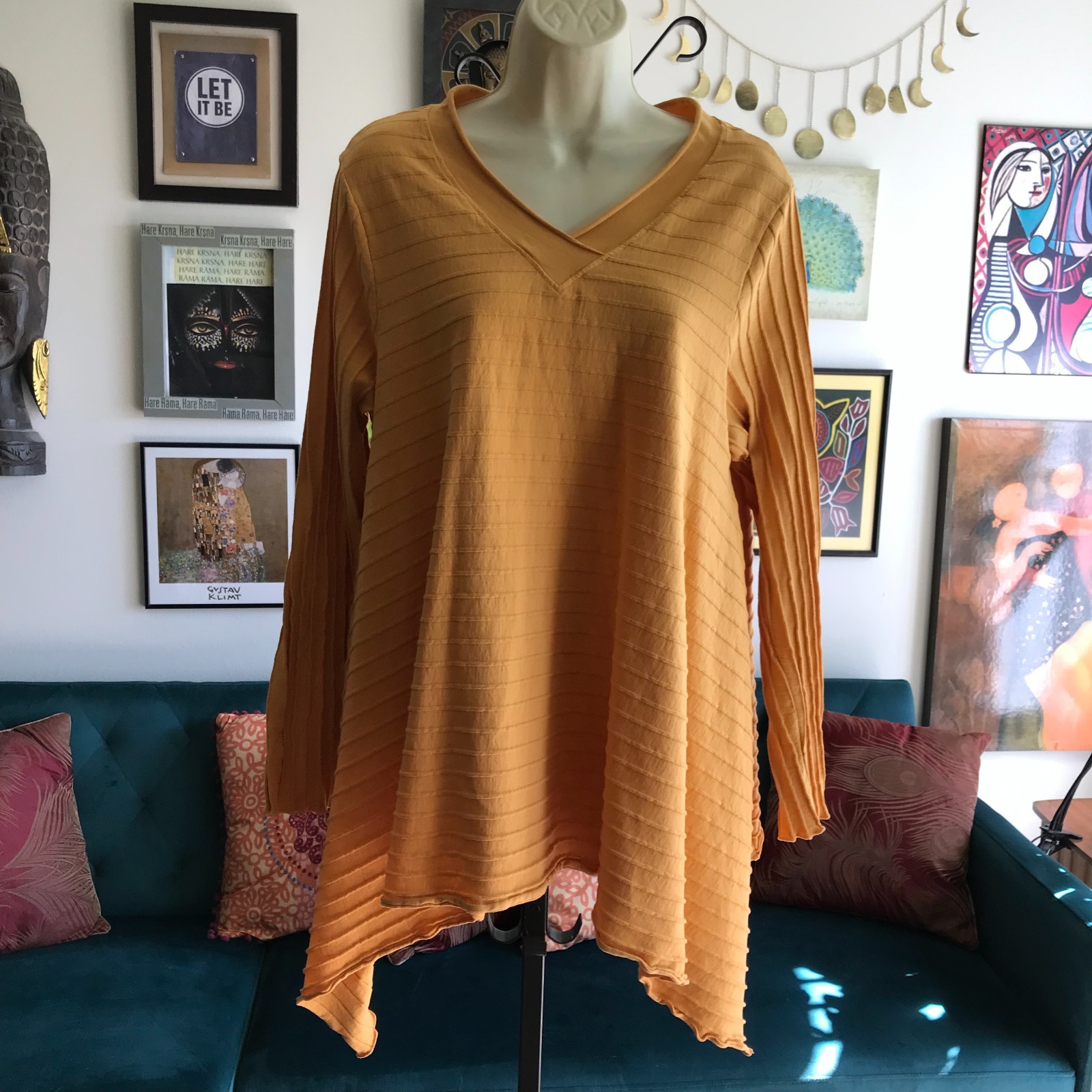FENINI size M Caramel Gold Textured Artsy Flared A-Line Tunic Lagenlook