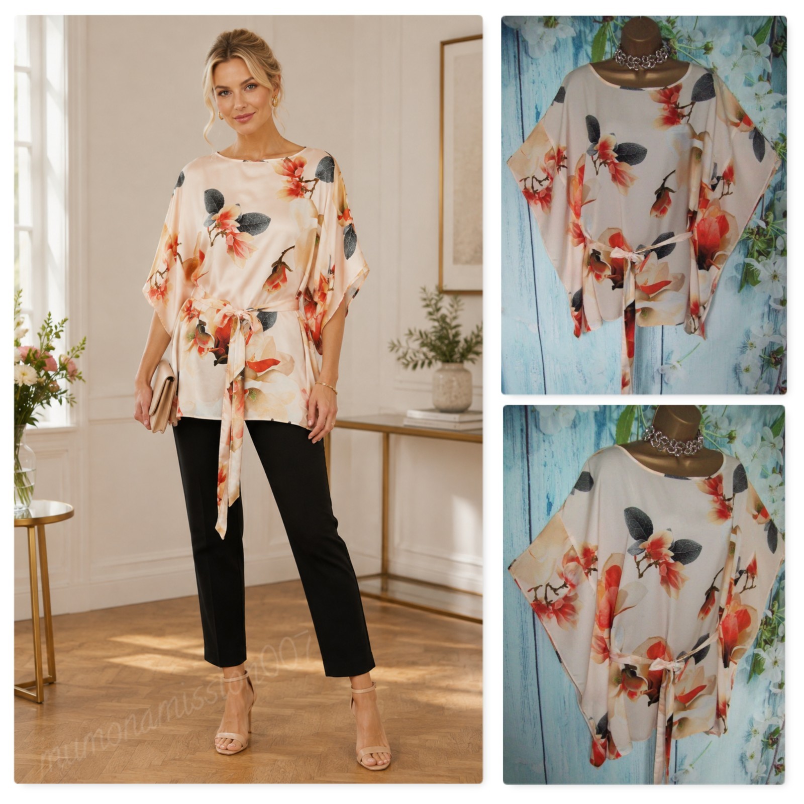Wallis Cream Peach Orange Floral Satin Kimono Tunic Top Size L 16 18 Occasion