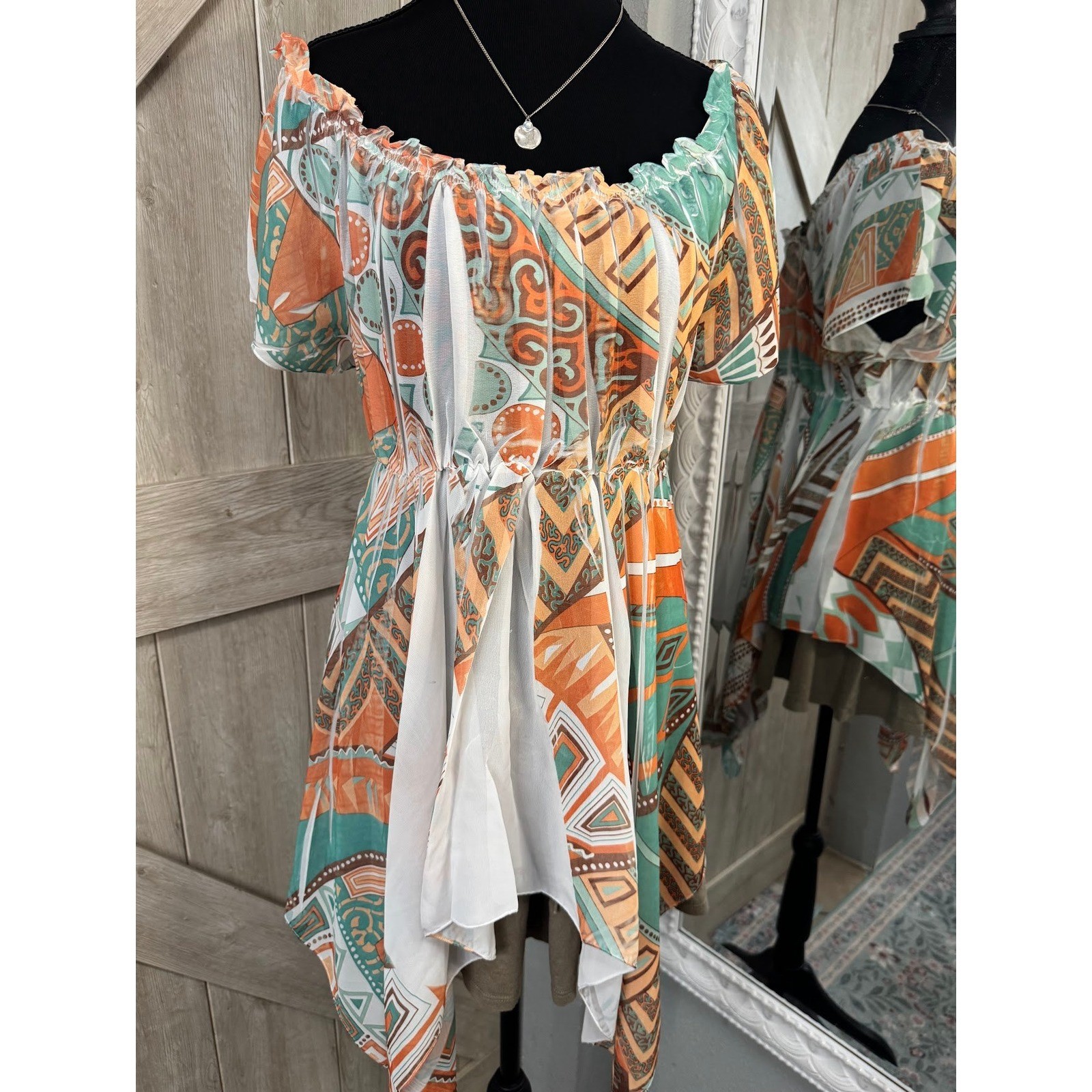 Unique Spectrum Geometric Handkerchief Hem Tunic Top Orange Teal XL