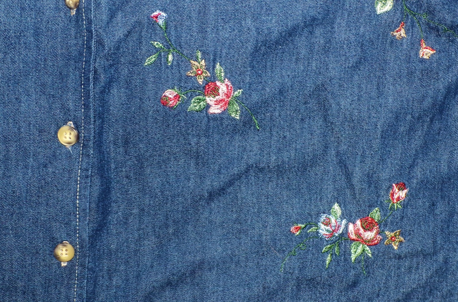 Denim Women’s 3X Shirt Denim Jean Embroidered Flowers Corduroy Collar Vtg Y2k