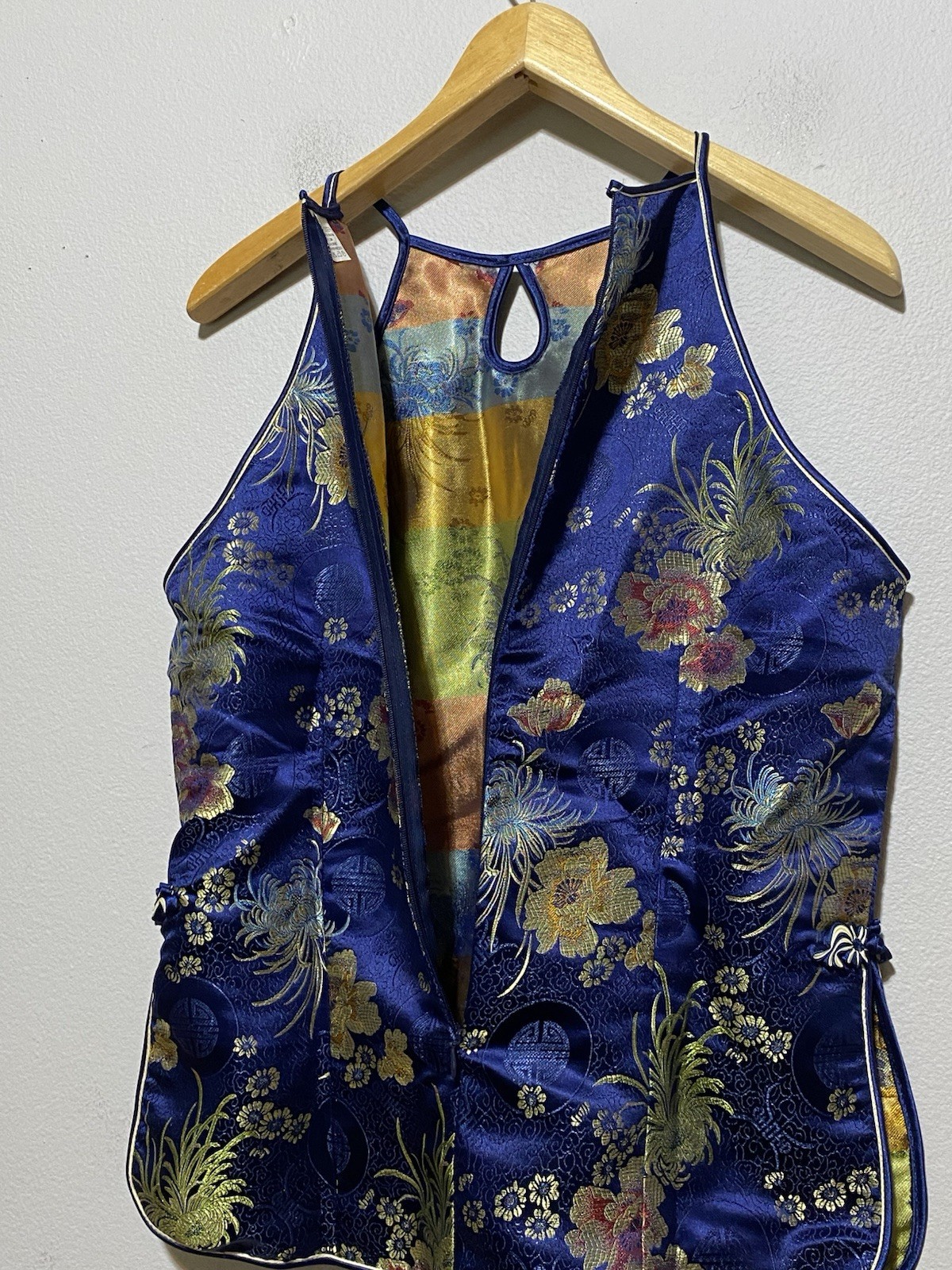 Y2K Cheongsam Floral Halter Top L/XL Silk Blend Traditional Flirty