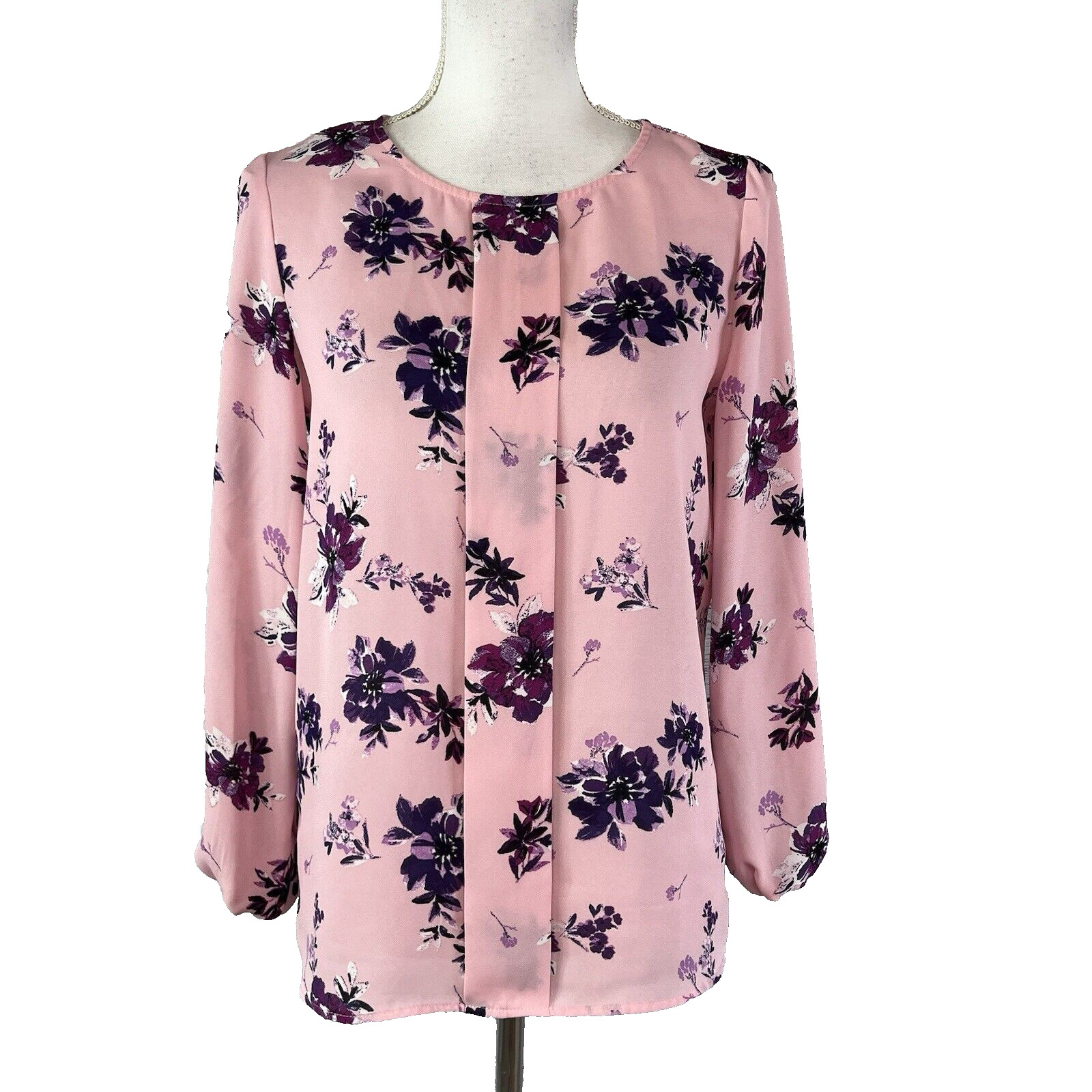 Tahari Blouse size Extra Small Pink Purple Floral Sheer Cottage Granny Core Slim
