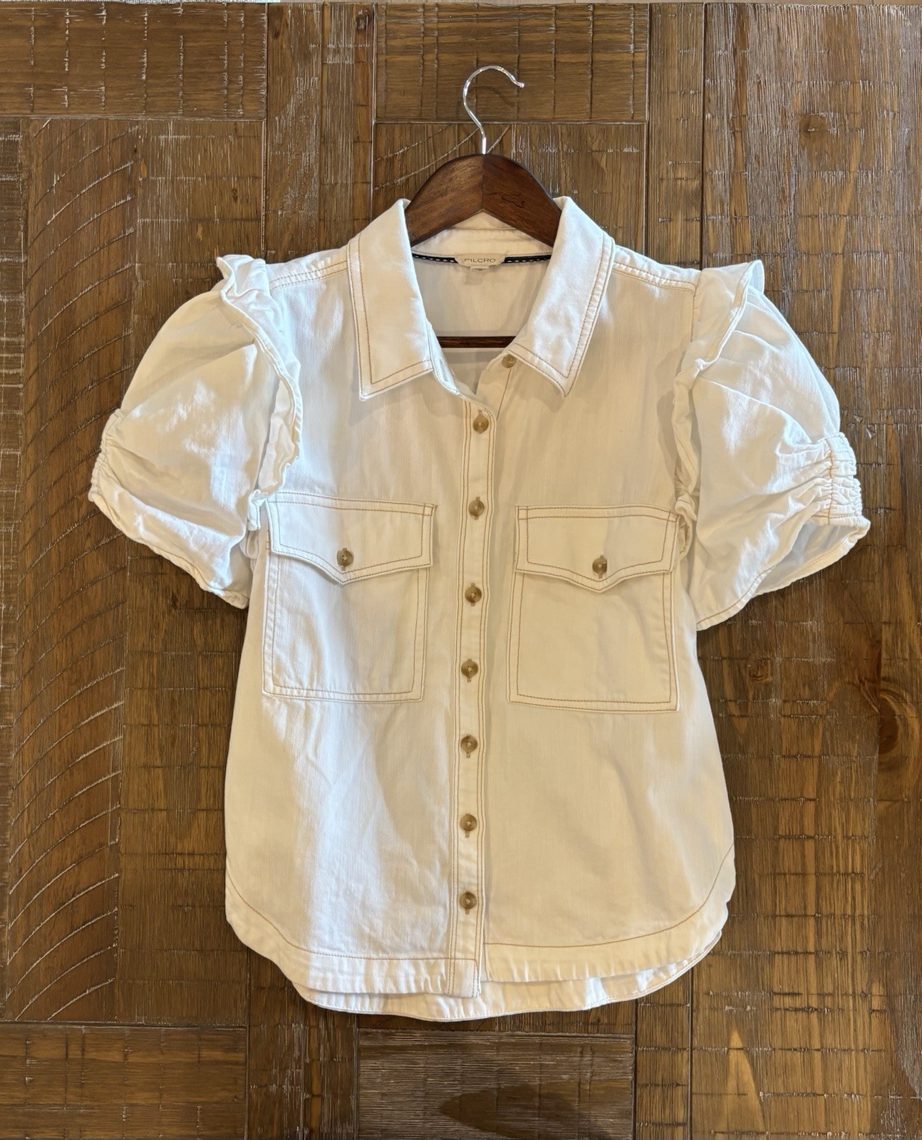 PILCRO The Ozzi Ruffle Sleeve Button Down Denim Shirt Cream Women’s Size M