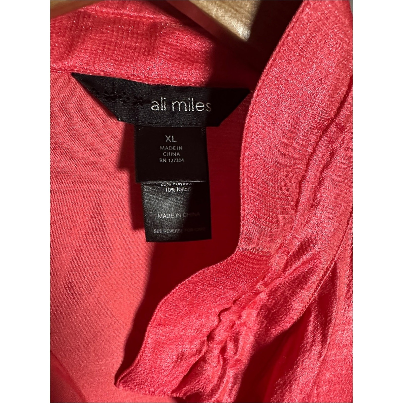 Ali Miles Coral Shimmer Button Up Top Blouse Artsy Stand Up Collar Big Buttons