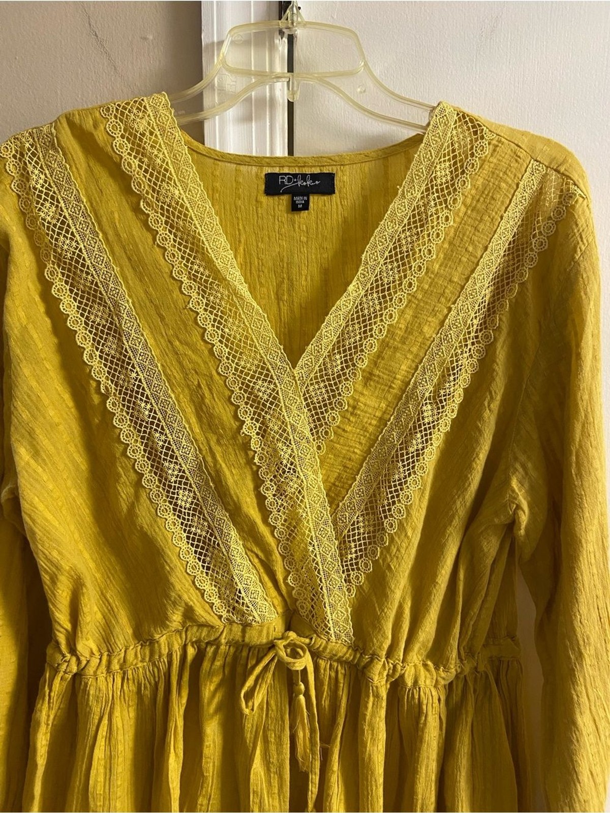 RD+KoKo Anthropologie Yellow Crochet Lace Trim Wrap Surplice Peplum Blouse M
