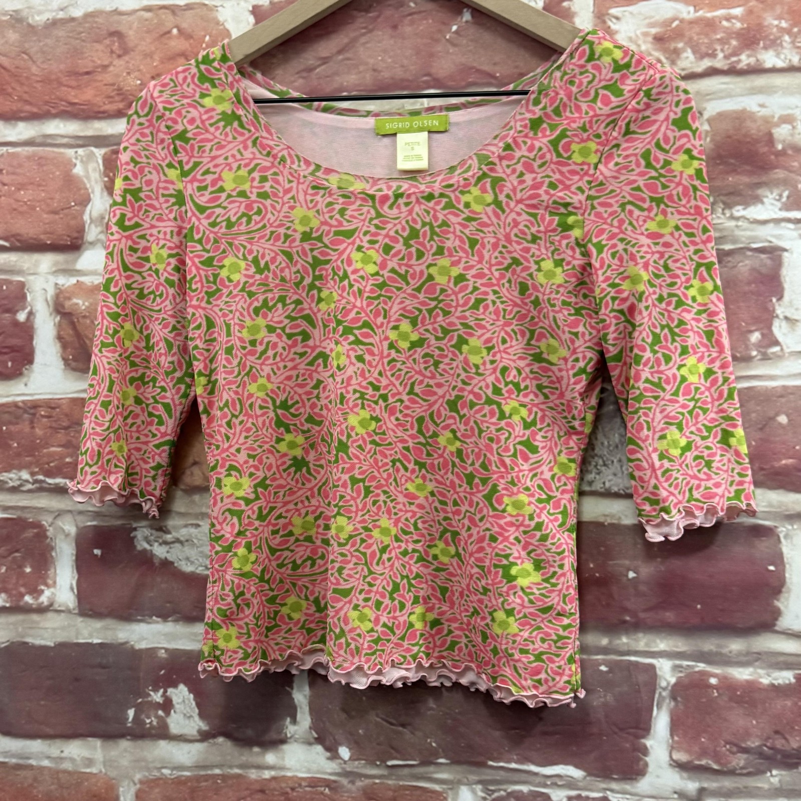 Sigrid Olsen Top Womens Petite Small Pink Floral Nylon Lined Pullover 3/4 Sleeve