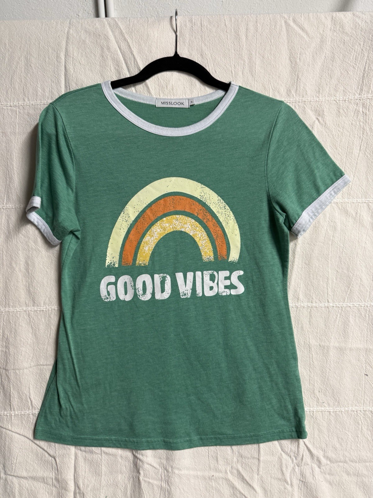 Misslook Women’s Green Orange Good Vibes Graphic Shirt Size S