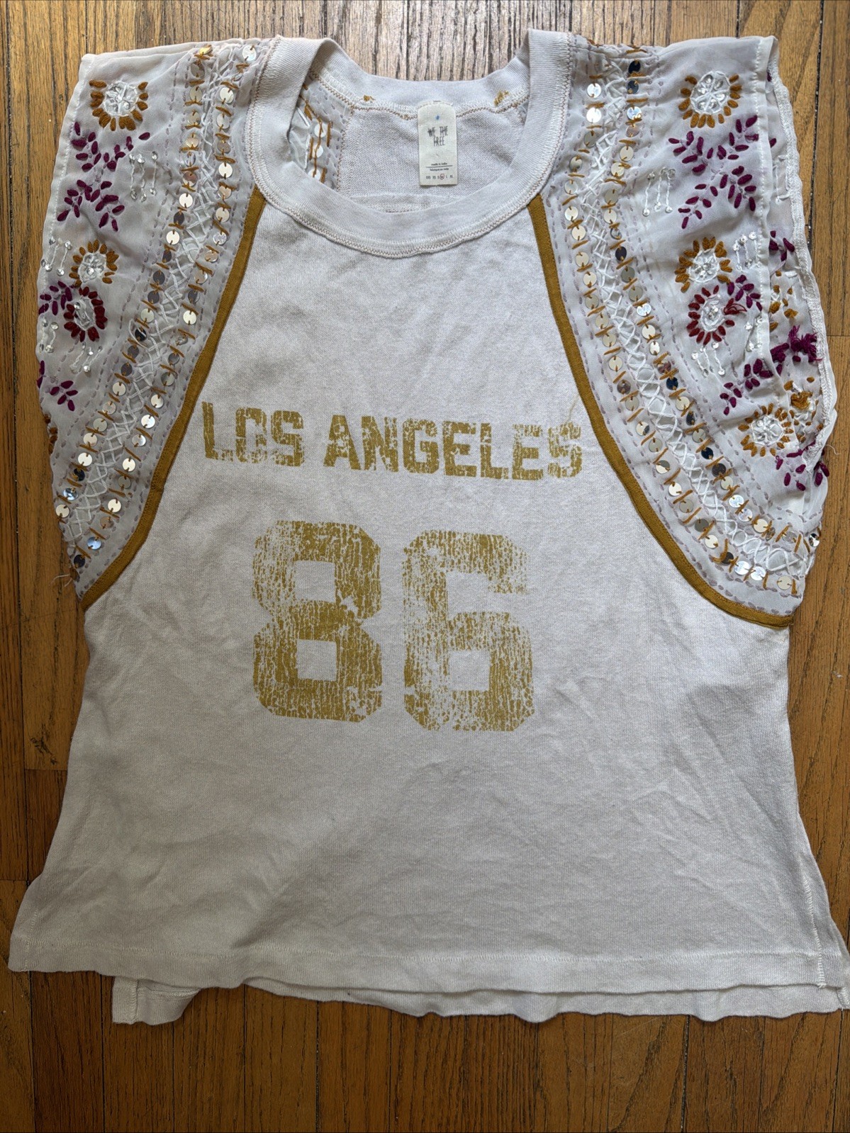 We The Free People M Contrast Sleeves Tee Kint Sequin Los Angeles 86 Jersey Top