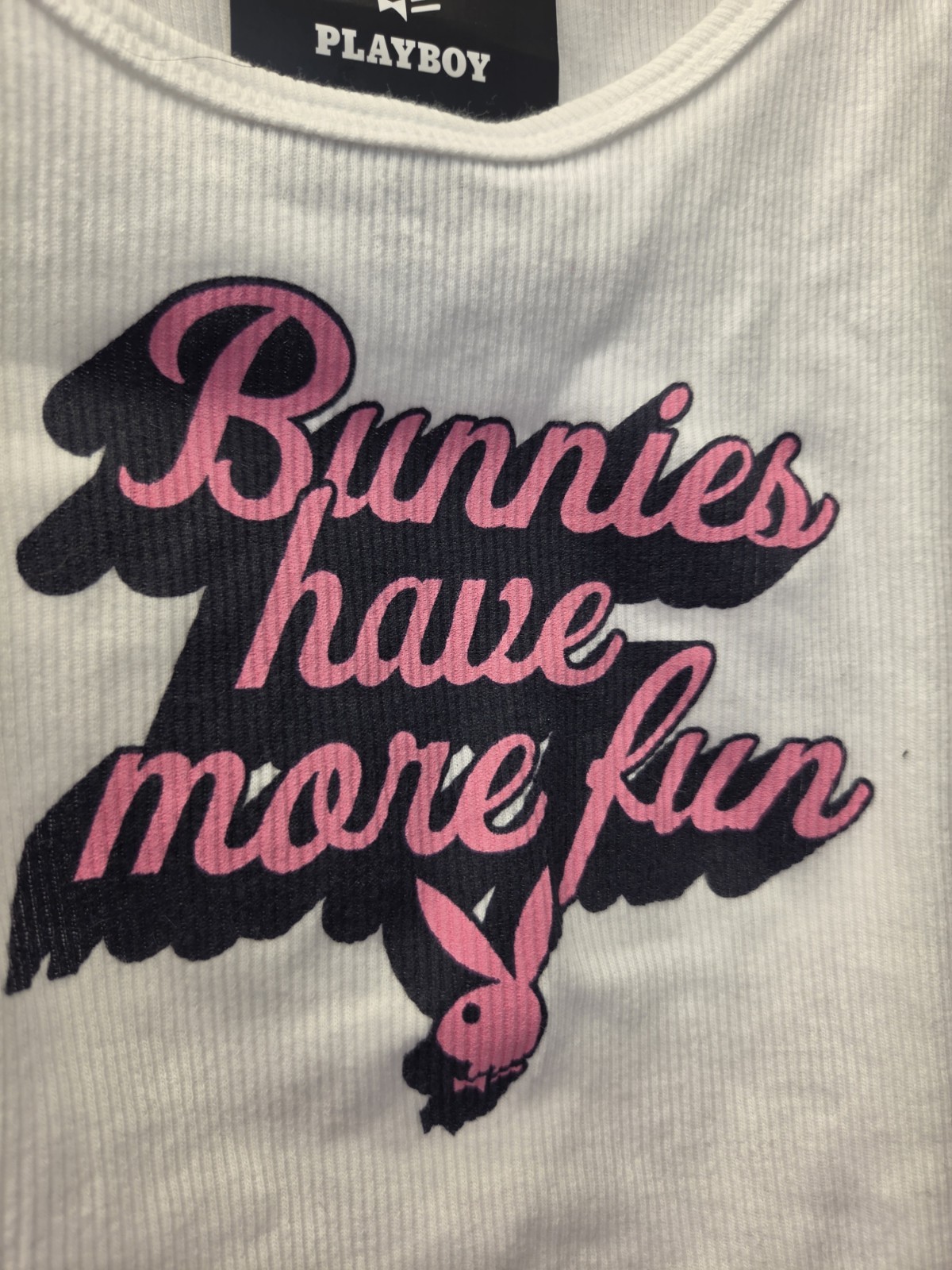 NWT Playboy Tank Top Women Bunny AOP Cropped Scoop Neck Bunnies Have More Fun
