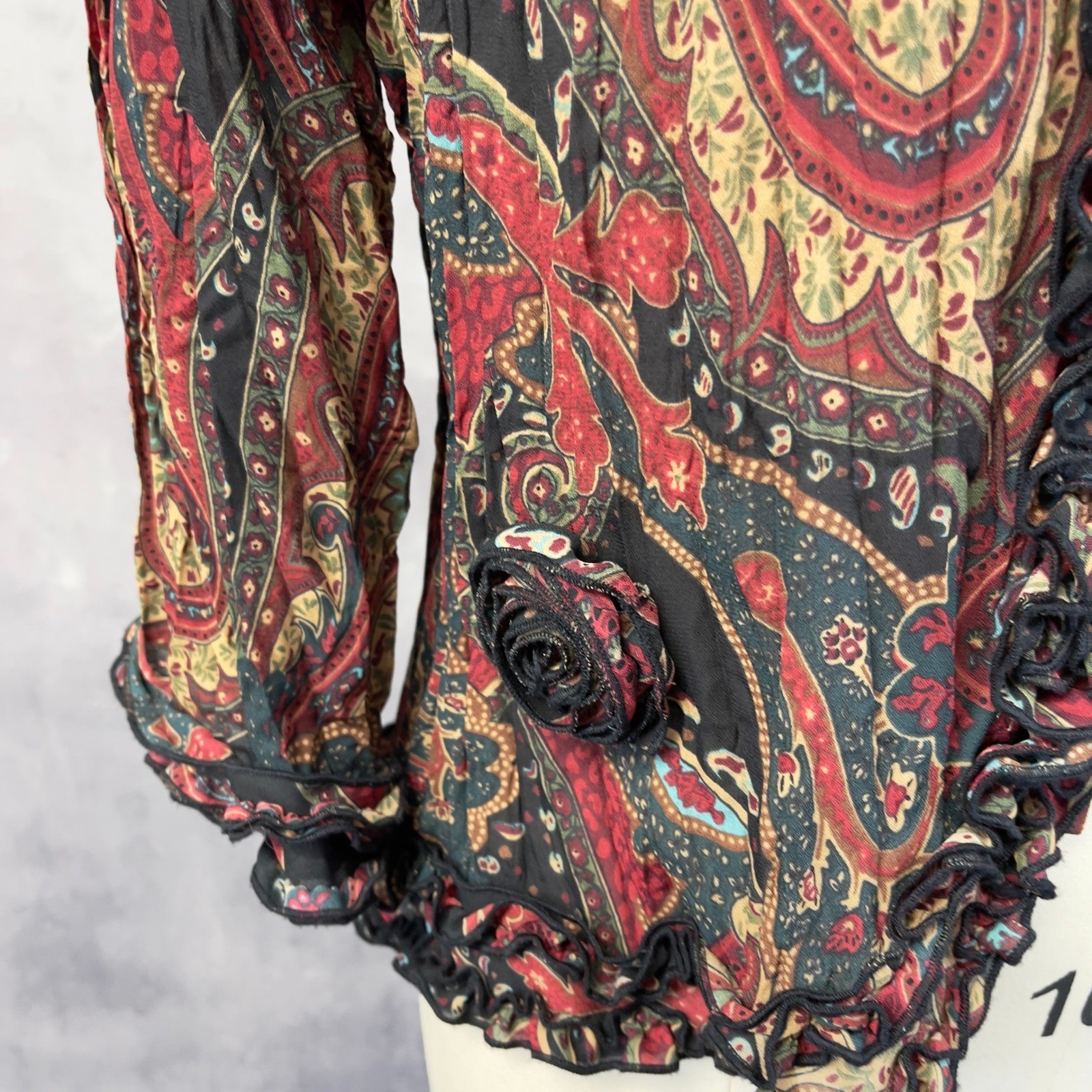 Agora Paisley Ruffle Open Front Jacket Women Medium Romantic Boho Artsy Fairy