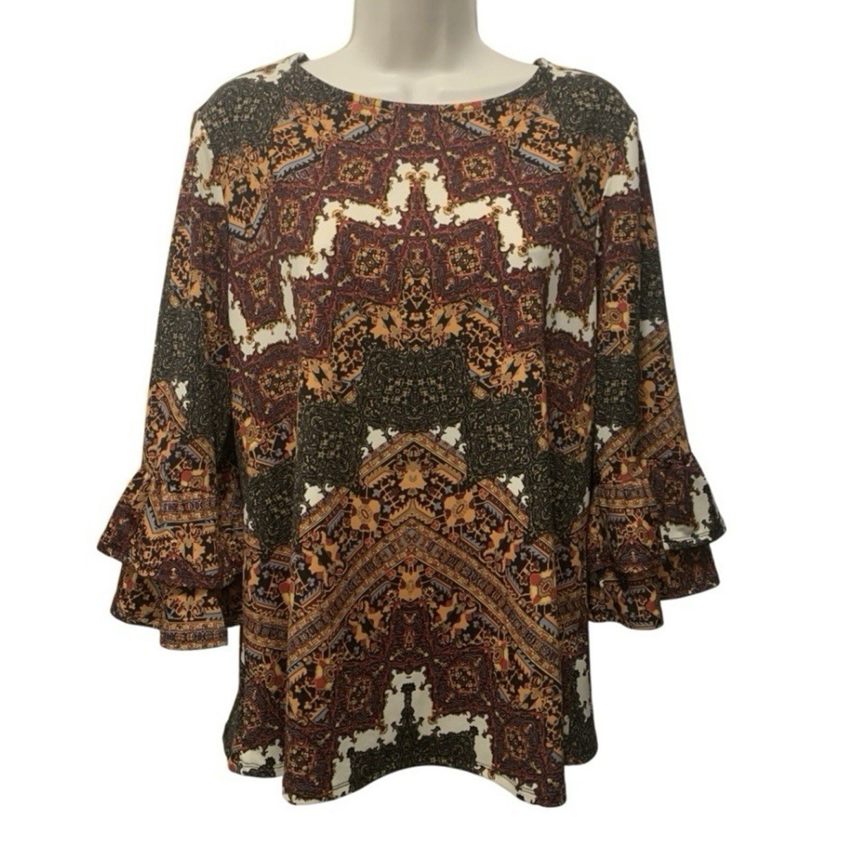 New Directions Boho Medallion Print Ruffle Sleeve Top Size L Fall Colors