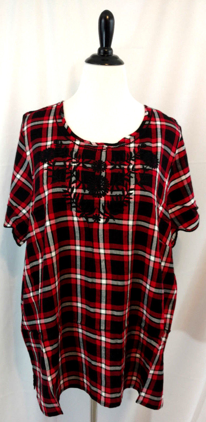 Lane Bryant Womens Blouse Top Sz 22 24 26 28 Red Black Plaid Embroidered Career