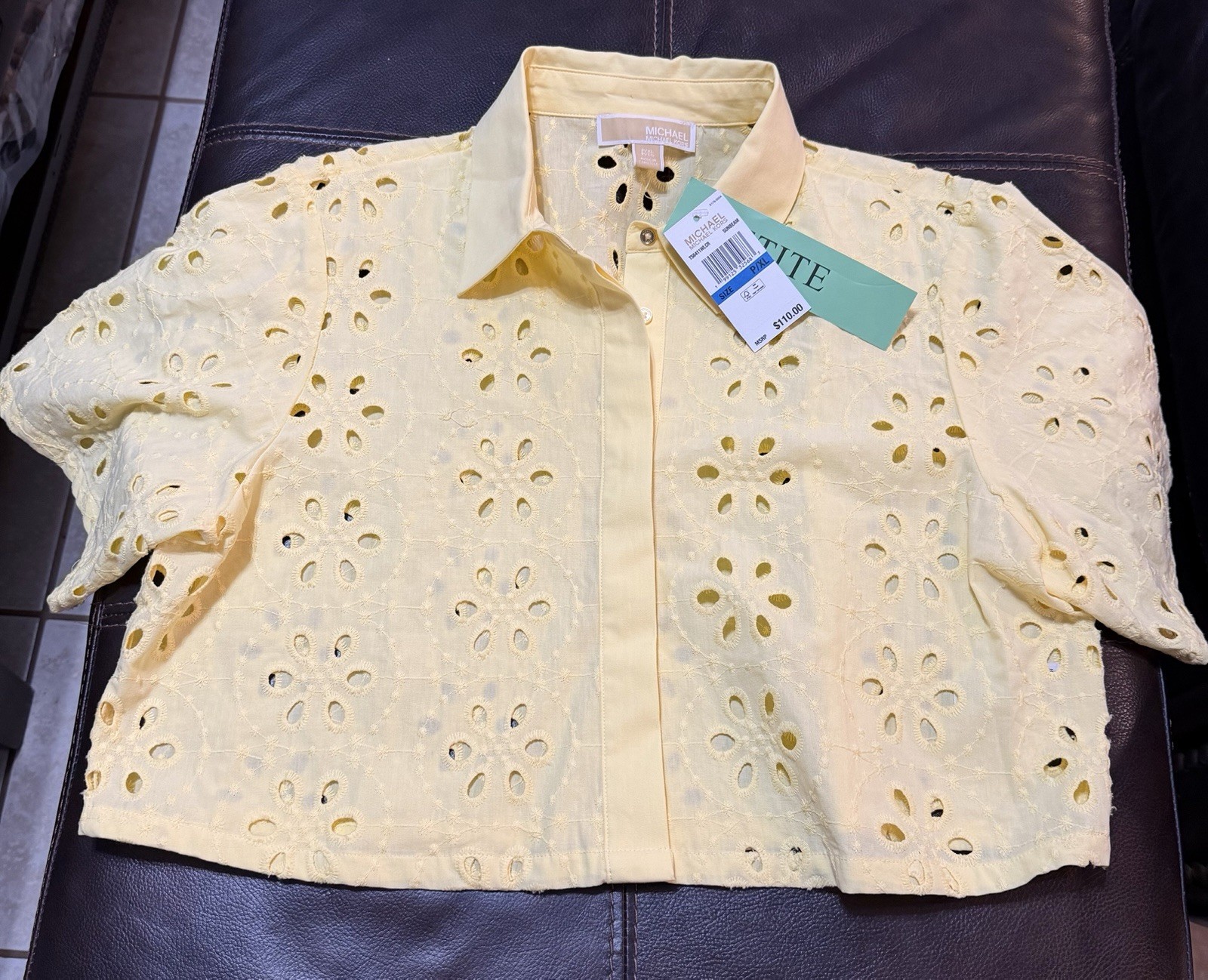 Michael Kors Eyelet Floral Top Yellow Women’s P/XL