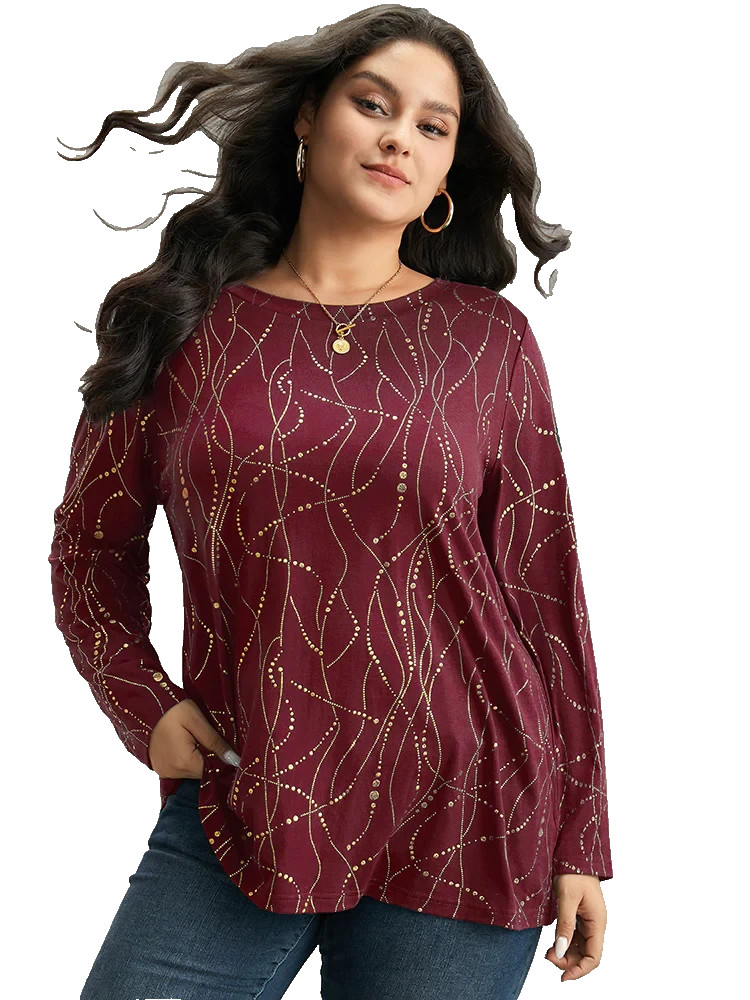 BloomChic Plus Size 22 24 Burgundy Gold Swirl Dot Round Neck 30in Long TUNIC TOP