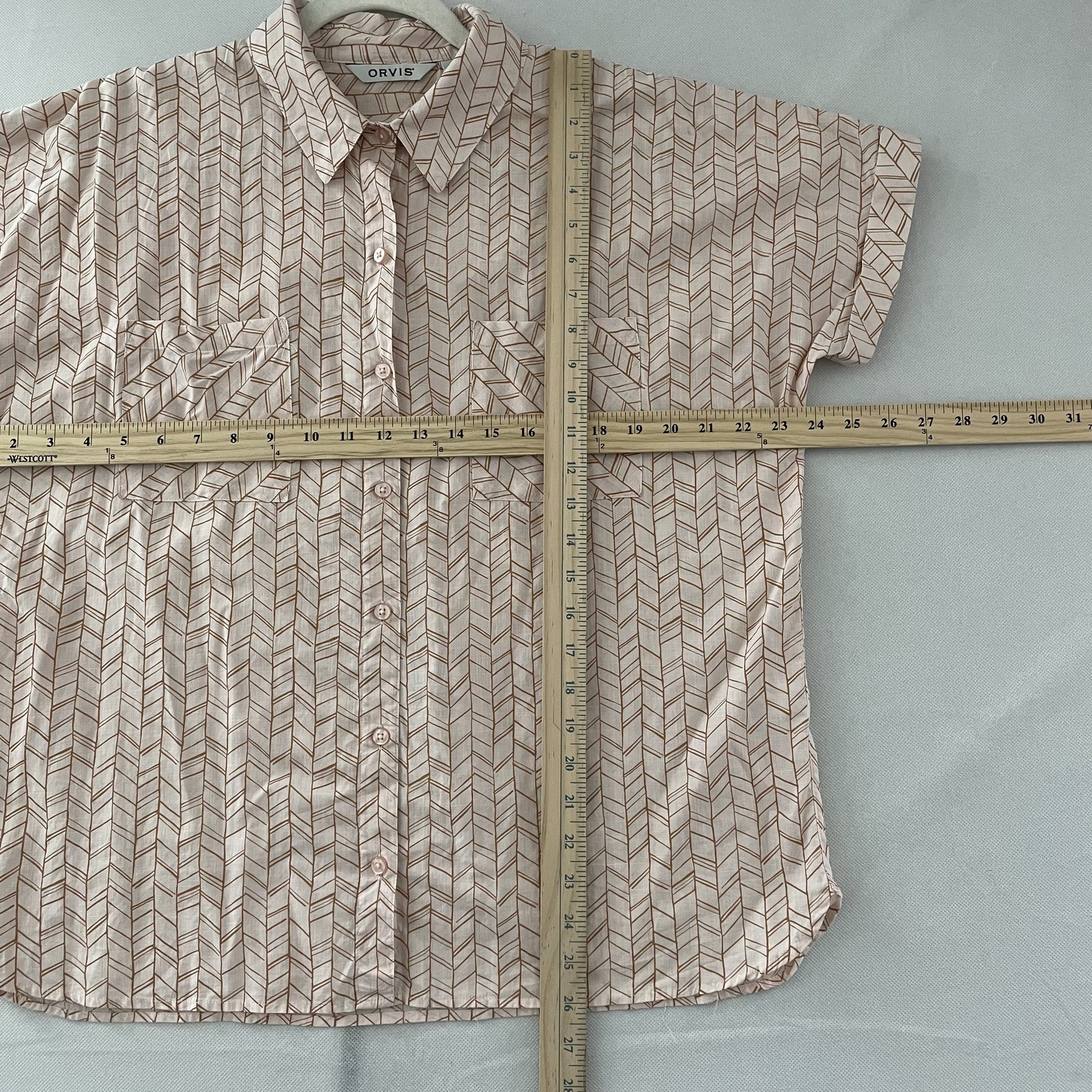Orvis Women’s Button Front Collared Short Sleeve Shirt Peach Pink Cotton Sz L-C