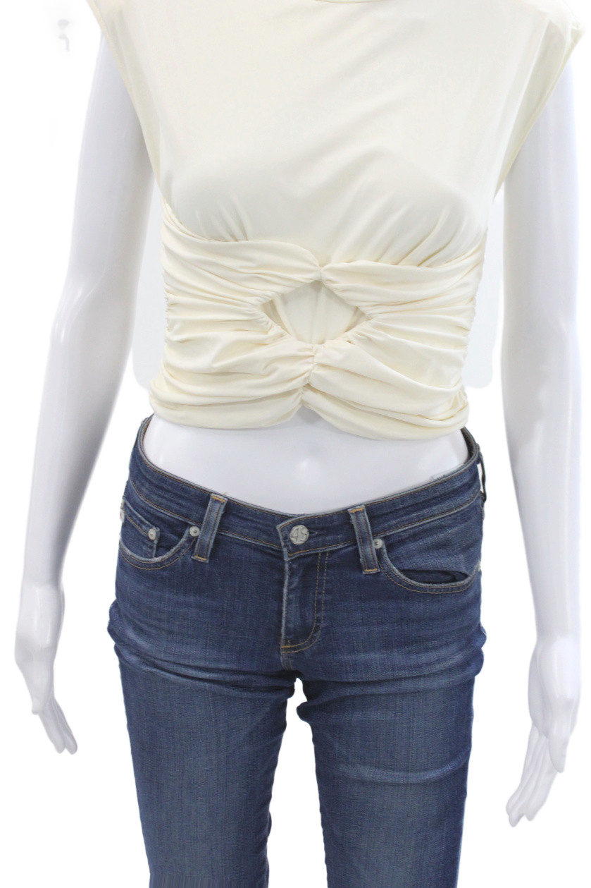 Magda Butrym Womens Cropped Jersey Crew Neck Short Sleeve Top Beige Size 36