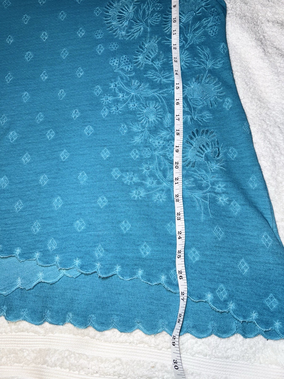 Soft Surroundings SMALL Blouse Robin Egg Blue Floral Embossed Assymetric Hem