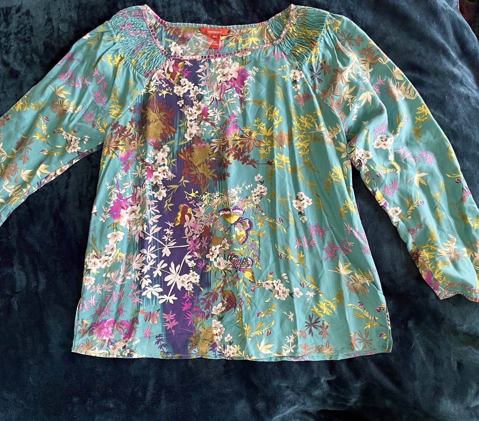 Sundance 100% Silk medium Blouse Teal Turquoise Floral Butterfly Boho Top