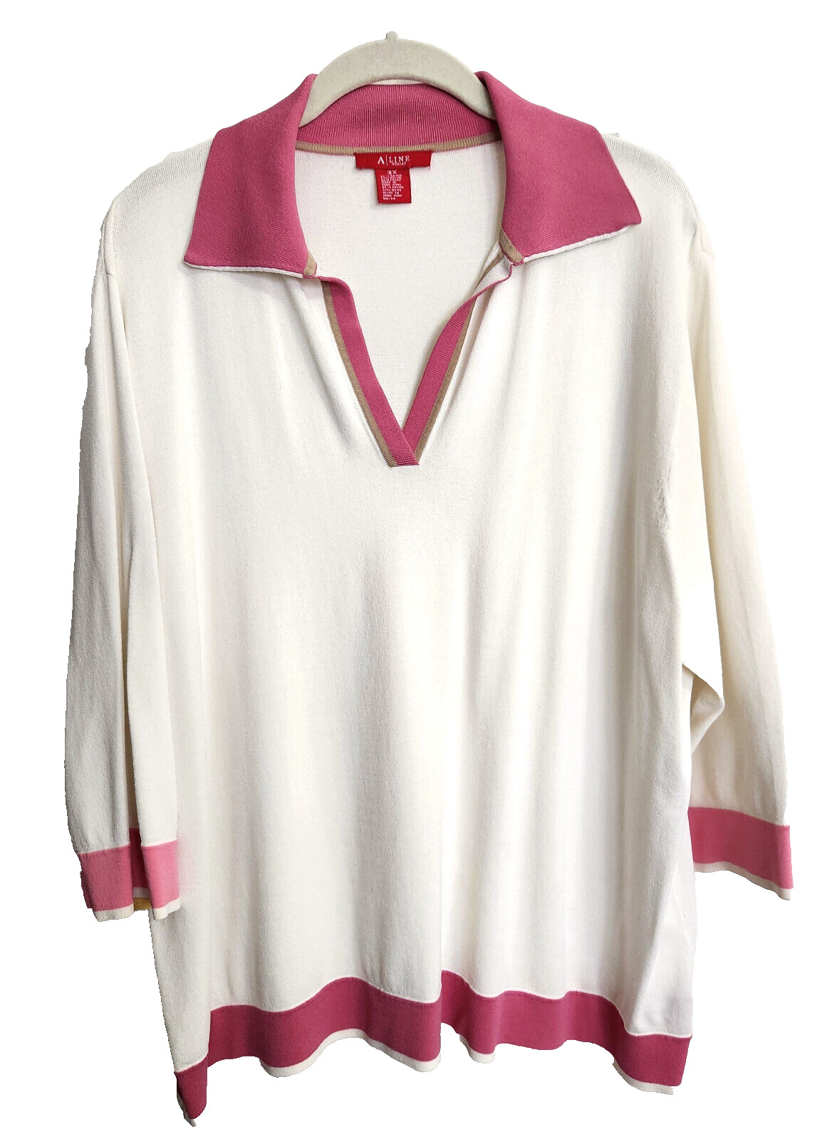 ALFANI Woman Plus 3XL 16 18 2XL Rayon Blend, Collared Ecru Cream Pink Top EUC!