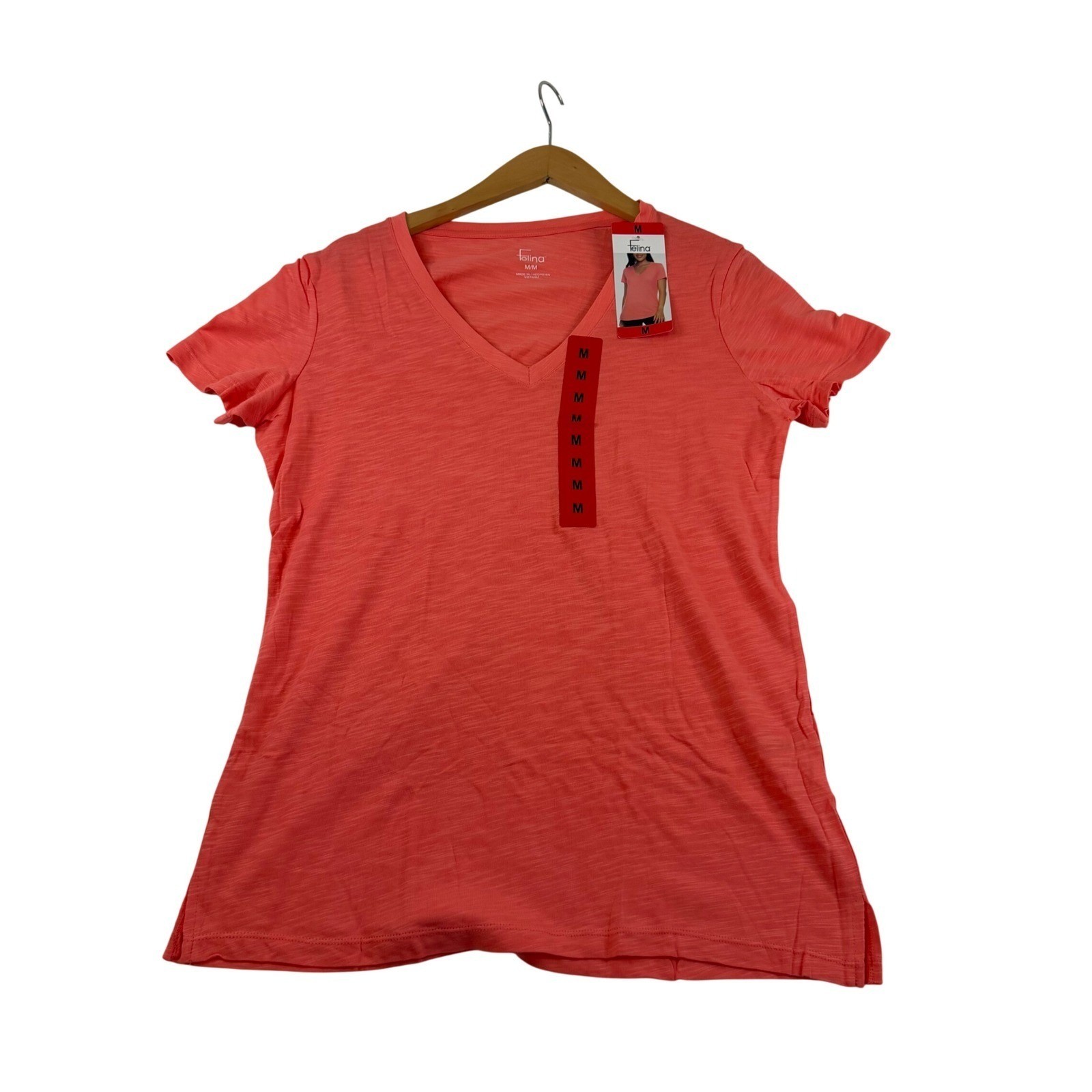 Felina Womens V-Neck Short Sleeve Slub Knit Tee Coral Pink Size Medium NEW