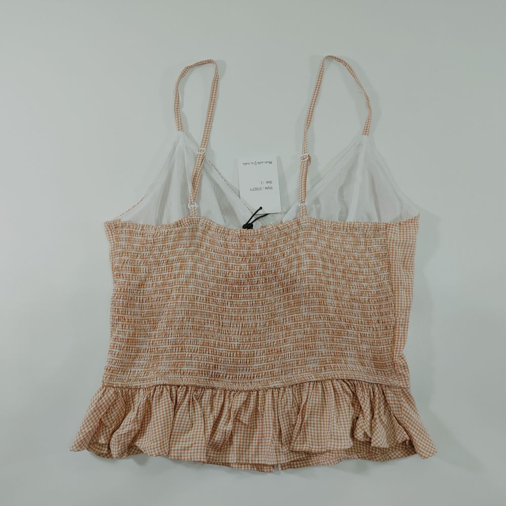 Japra Smocked Crop Top with Tie Front Ruffle Hem Tank Cami Size L