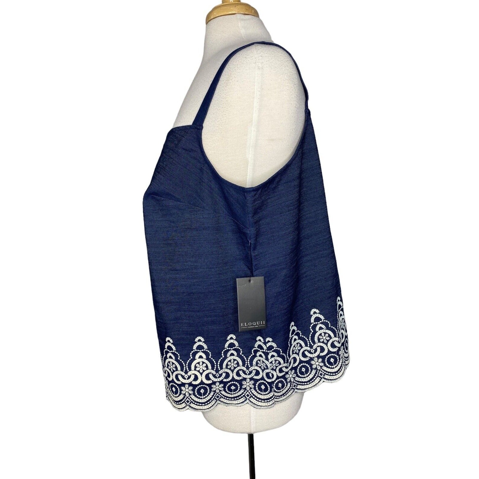 ELOQUII *NEW* Embroidered Chambray Tank Size 16 Blue with White Detail at Hem
