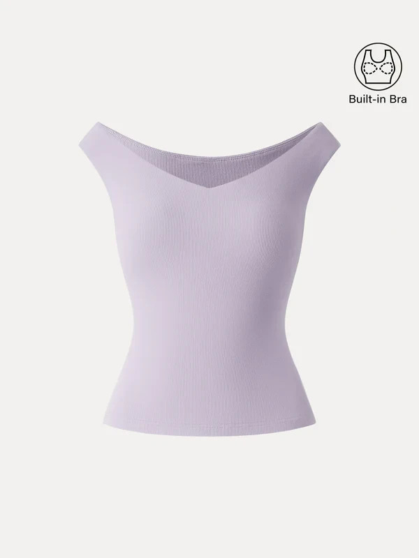 Women’s V Neck Brami Tank Top Built In Bra Crop Stretch Knit Top, Powder Lilac