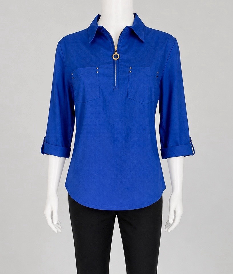 Cathy Blouse Top Womens Medium Blue Zip Front Collared Roll Tab Sleeve Pocket