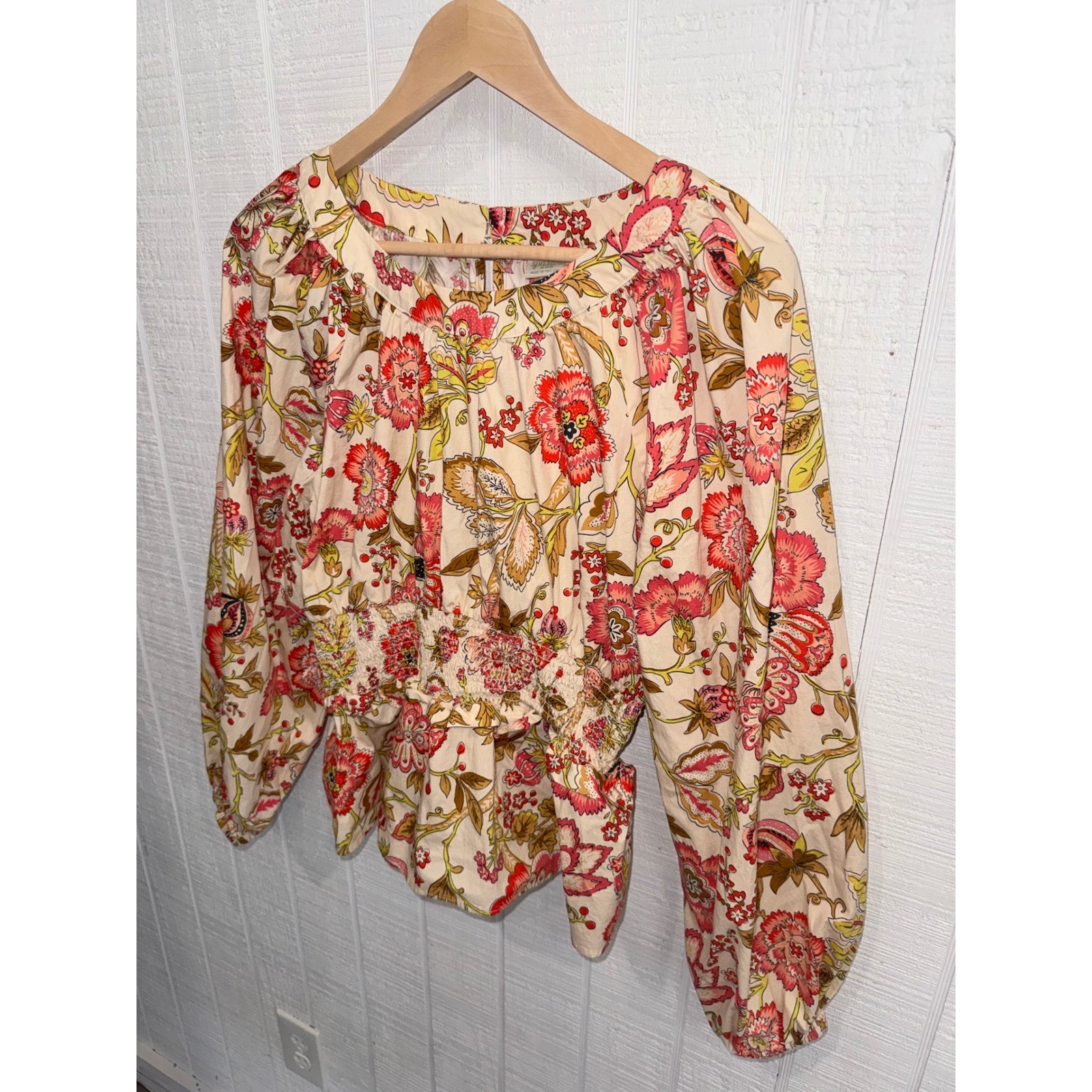 Spartina 449 Blouse Womens XL Pink Floral Smocked Waist Puff Sleeve Cotton Top