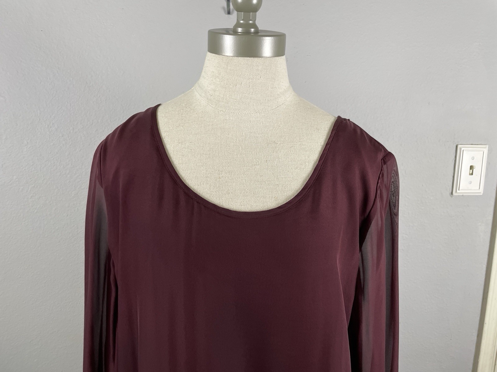 Soft Surroundings Silk Sheer Layer w/ Lining Burgundy Long Sleeve Top Size Large