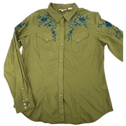 Stetson Embroidered Western Pearl Snap Shirt Women L Olive Green Floral Cotton