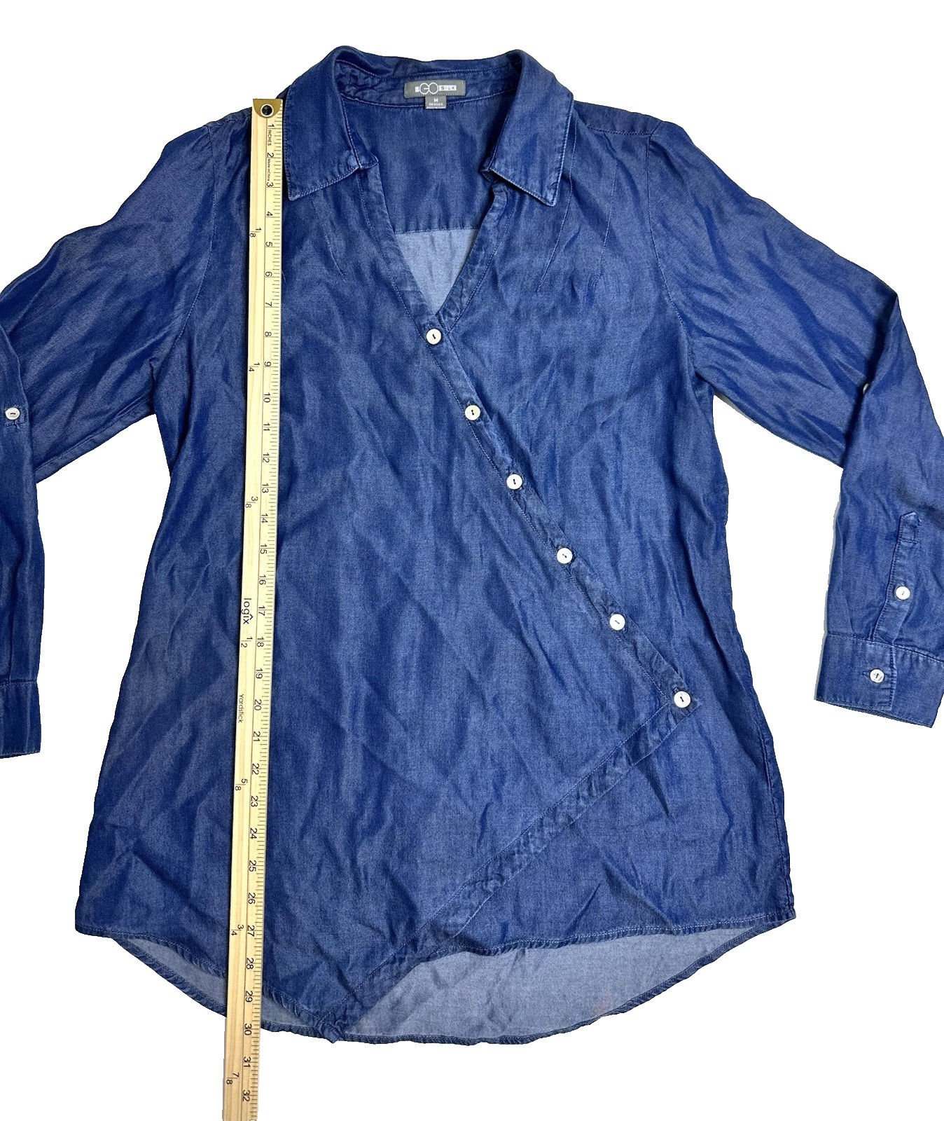 GO Silk Long Sleeved Button Down Collared Shirt Blouse Asymmetrical Hem Blue M