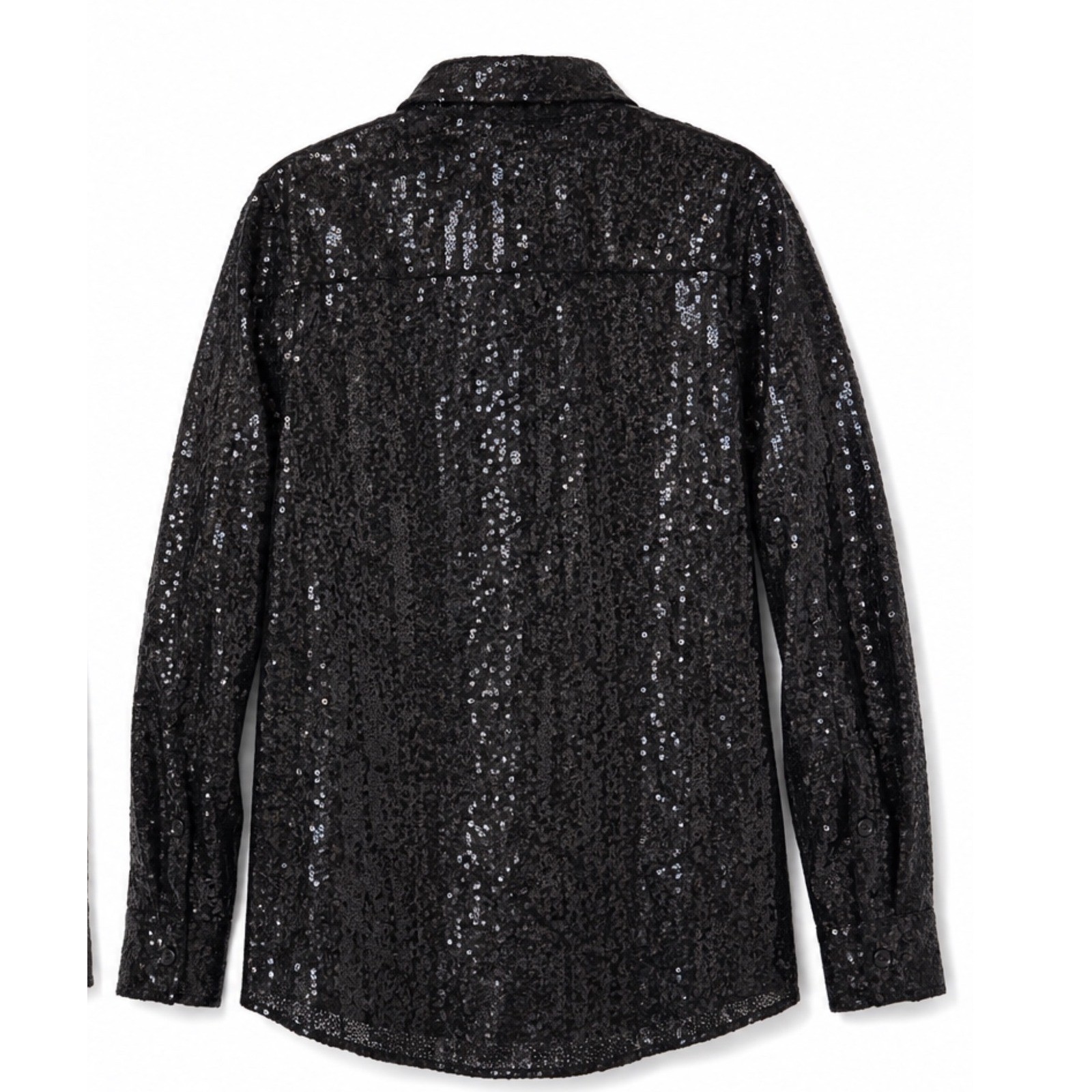 Crown & Ivy Black Sequin Button Up Shirt Holiday NYE Cocktail Blouse Womens L