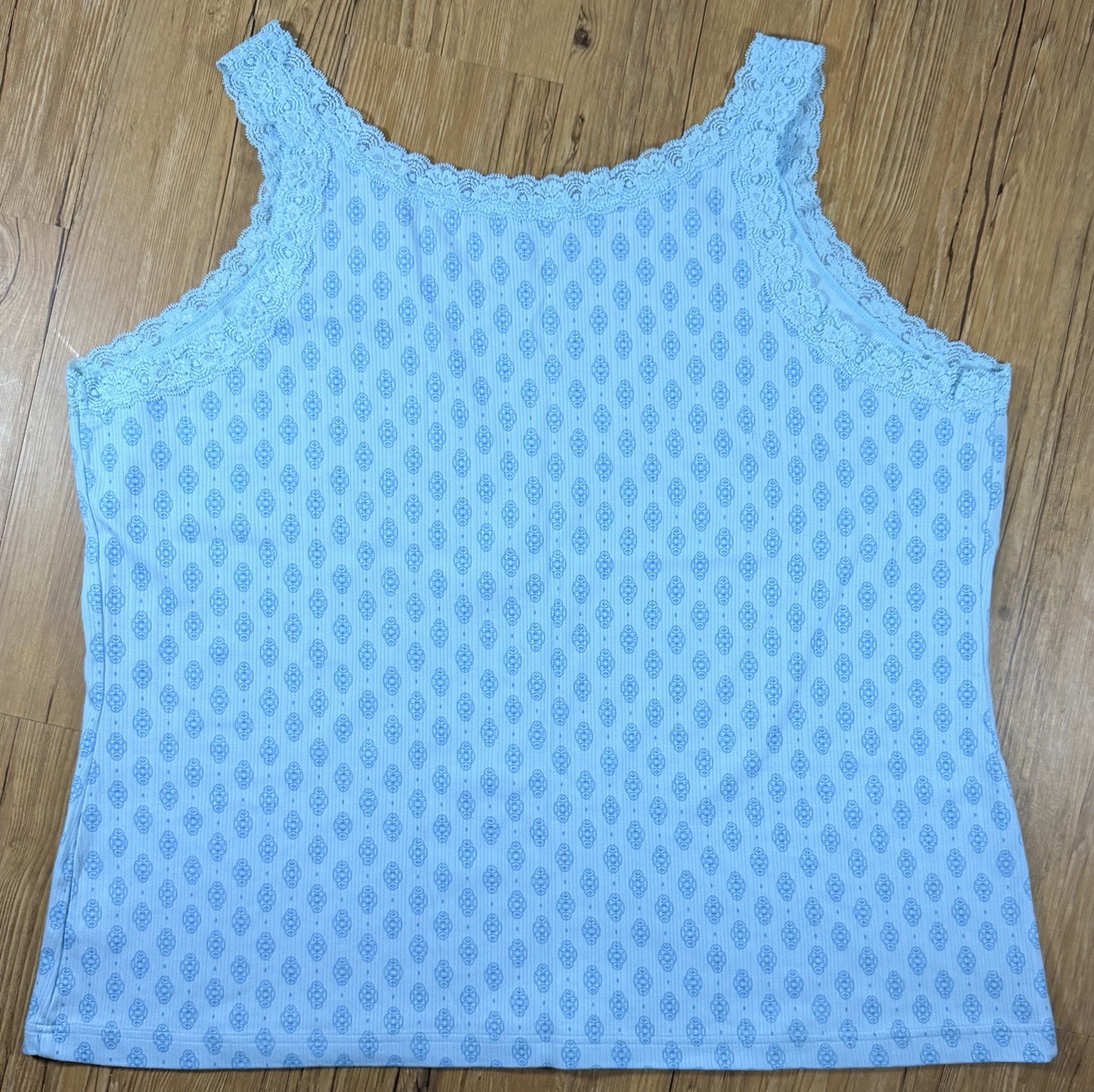 Basic Editions Woman 3X Blue Lace Trim Printed Cotton Tank Top Plus Size
