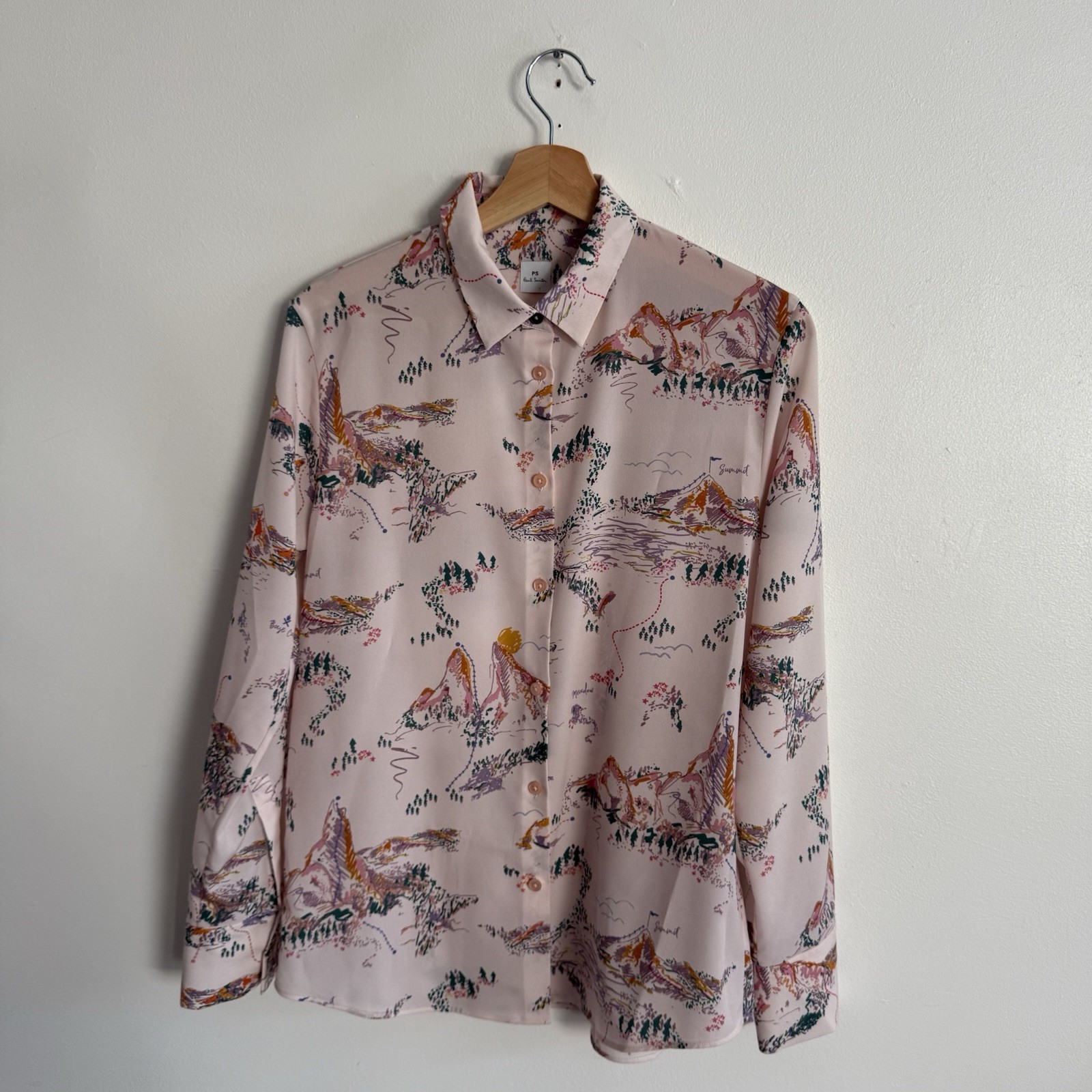 PS Paul Smith Shirt Womens 42 Large Blouse Pink Print Button Up Mountains Summit