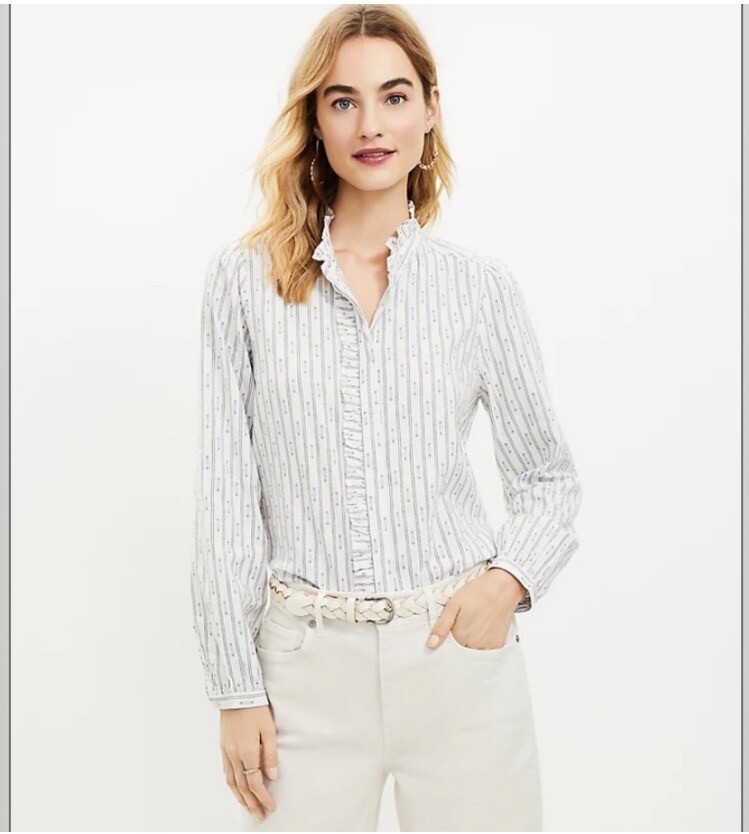 LOFT NWT Button Down Clip Ruffle Shirt – Whisper White – Size Small