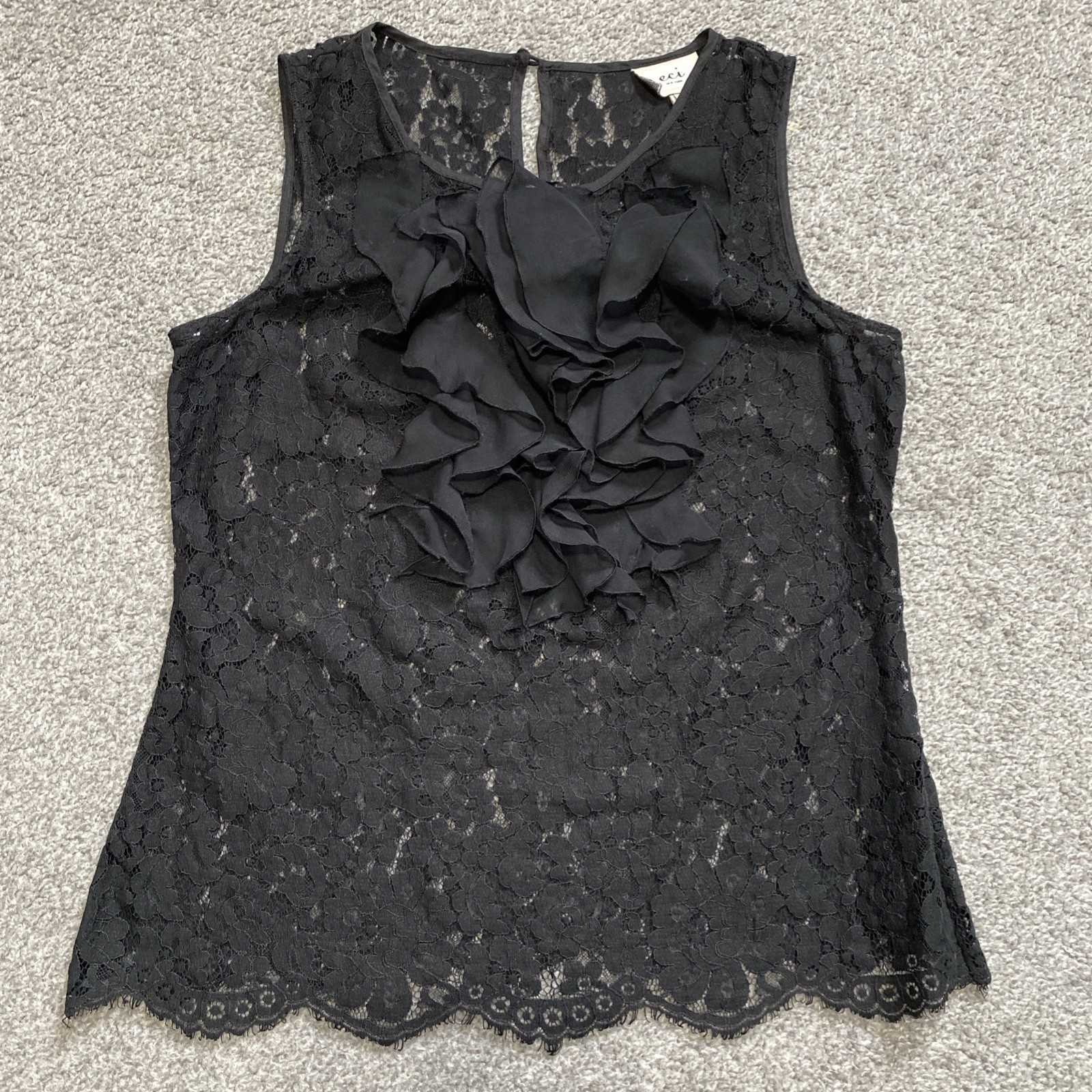 ECI NY Sheer Floral Black Lace Top Sz M 10 Sleeveless Ruffle Victorian Romantic