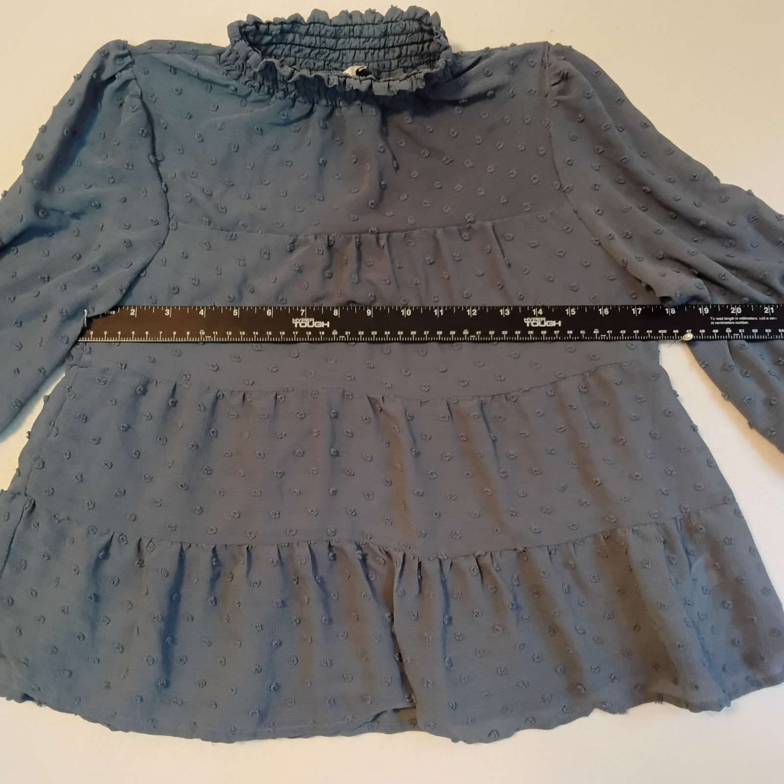 Monteau LA Boho WomensLg Top Dusty Blue Peplum Chiffon Peasant Sleeves Ruffle